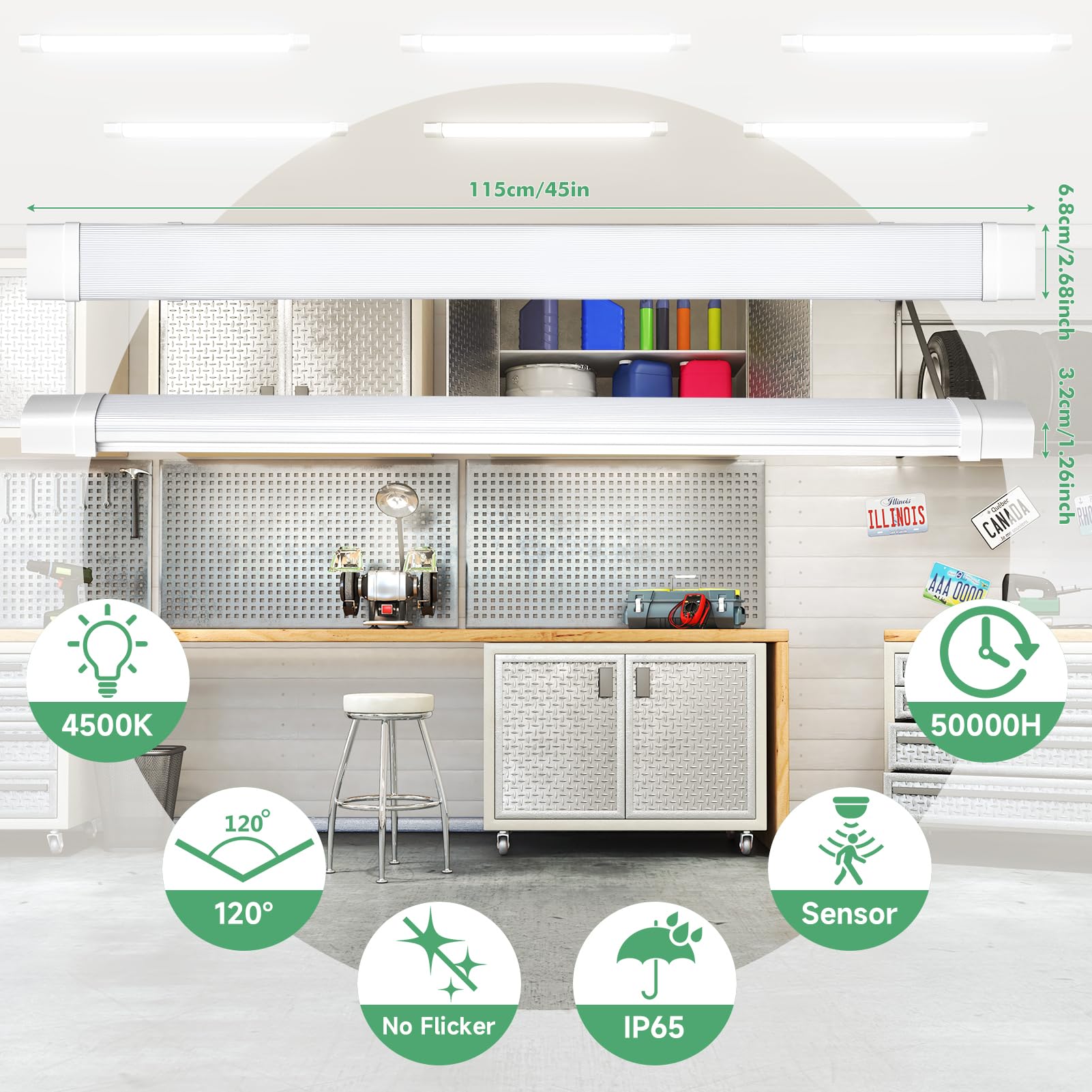 Neon LED 115cm con Sensore di Movimento 2 Pezzi,40W 4000LM Tubo Neon,4500K Bianco Neutro Barra LED,IP65 Impermeabile Plafoniera Soffitto per Cucina Officina Garage Ufficio
