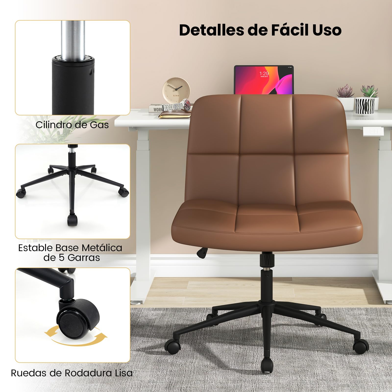 COSTWAY Silla Escritorio sin Brazos, Tapizada de Cuero de PU, Silla Oficina con Ruedas, Inclinable y Altura Ajustable, Silla Tocador Estudio Dormitorio Oficina, 70 x 70 x 79-87 cm (marrón)