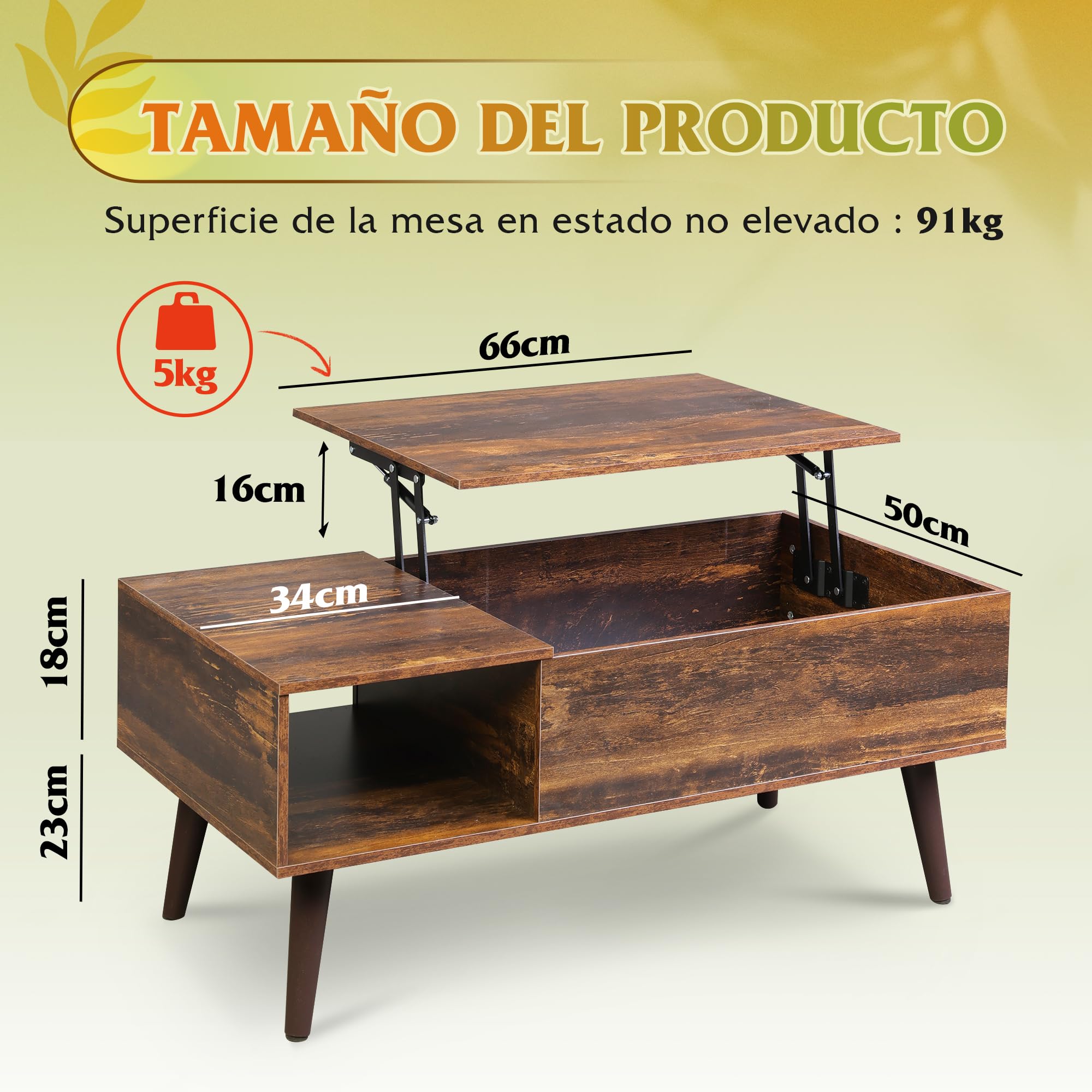 WLIVE Mesa de Centro Elevable y Extensible, Mesa de Salón con Almacenaje Oculto y Estantes Abiertos, Mesa Auxiliar Rectangular, Marrón Rústico