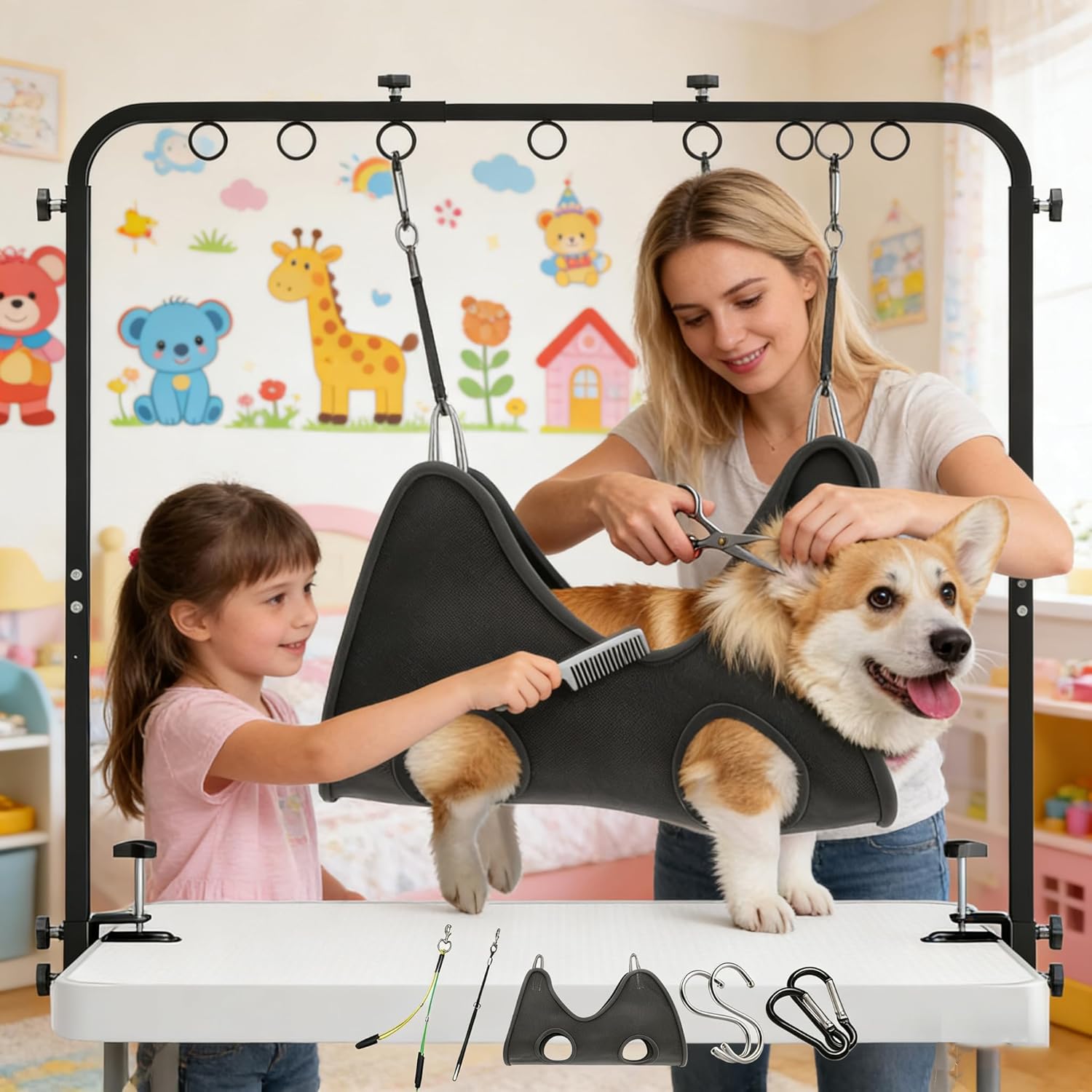 Dog Grooming Table Arm with Hammock 42'' Height, 27''–39'' Width, Clamp Fits Up to 2.76'', with Hammock & 2 Nooses – Portable Pet Grooming Station for Nail Trimming, Cats & Dogs at Home