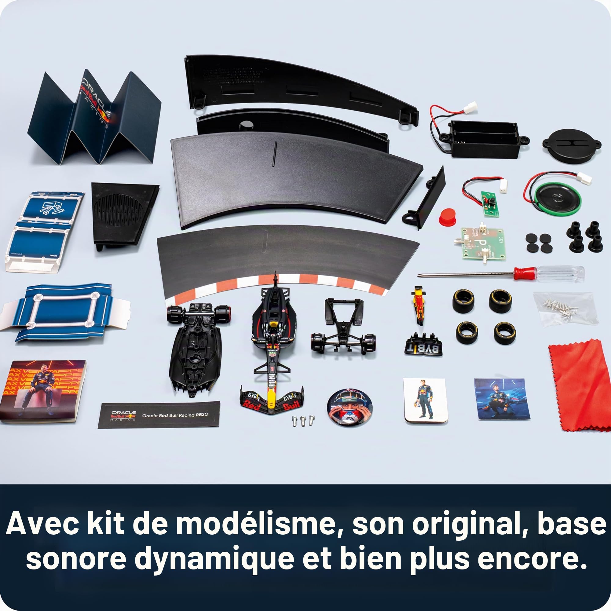 FRANZIS 67245 Calendrier de l'Avent Oracle Red Bull Racing 2025 – Kit de modélisme à l'échelle 1:43, avec module sonore et livre d'accompagnement de 52 pages