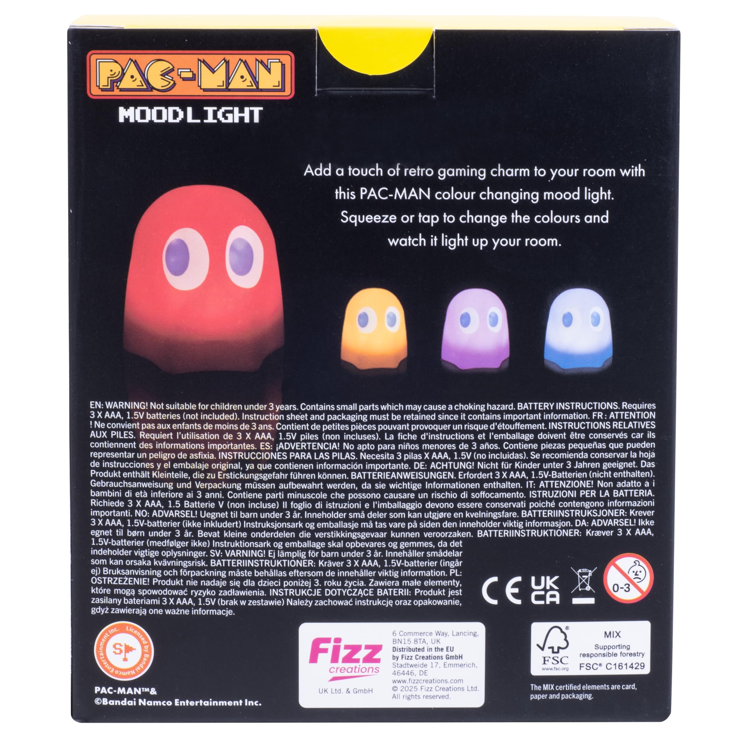 Pac-Man Colour Changing Ghost Mood Light. Touch & Squeeze Sensitive 3D Silicone Lamp. 9.9cm Tall. Battery Powered. Officially Licensed Pac-Man Merchandise. — view 11