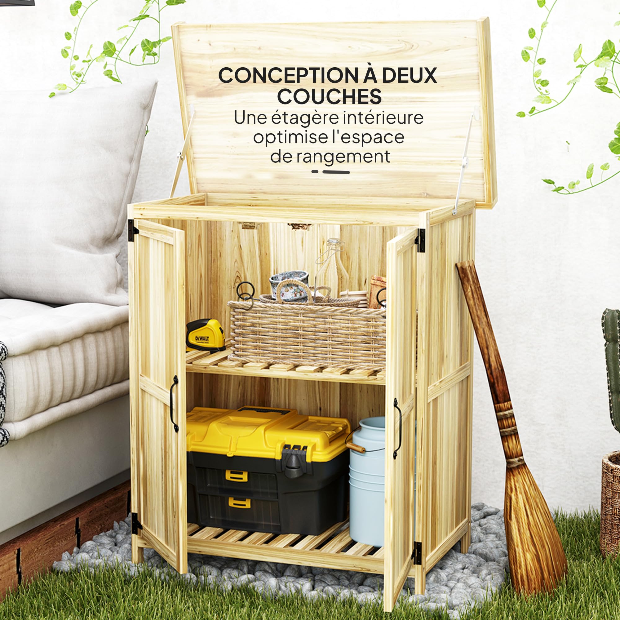 Outsunny Armoire de Jardin en Bois Abri de Jardin 2 Portes Étagère Naturel