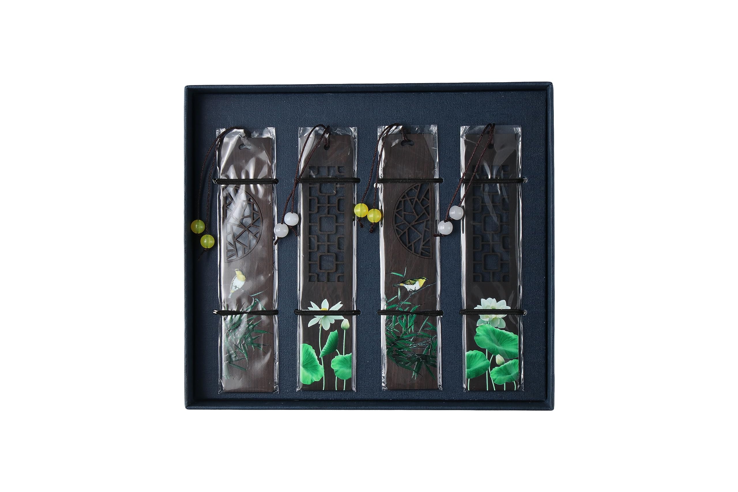 Risedot 4 Pcs/Set Wooden Bookmark, with Gift Box, Chinese Style Wooden Color Painted Book Clip Pagination Mark