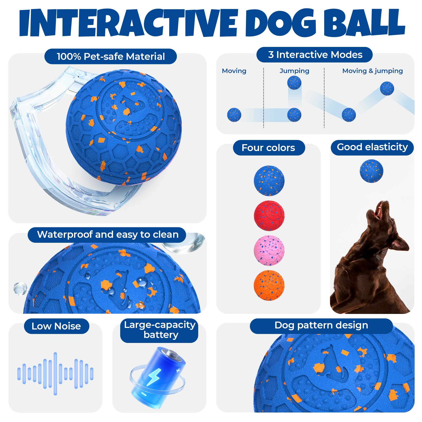 Fsitego Balles interactives pour chien : balle interactive à roulement automatique – Jouets interactifs pour chiens à mâcher agressifs – rebondissantes et jetables, rechargeables de type C, lavables