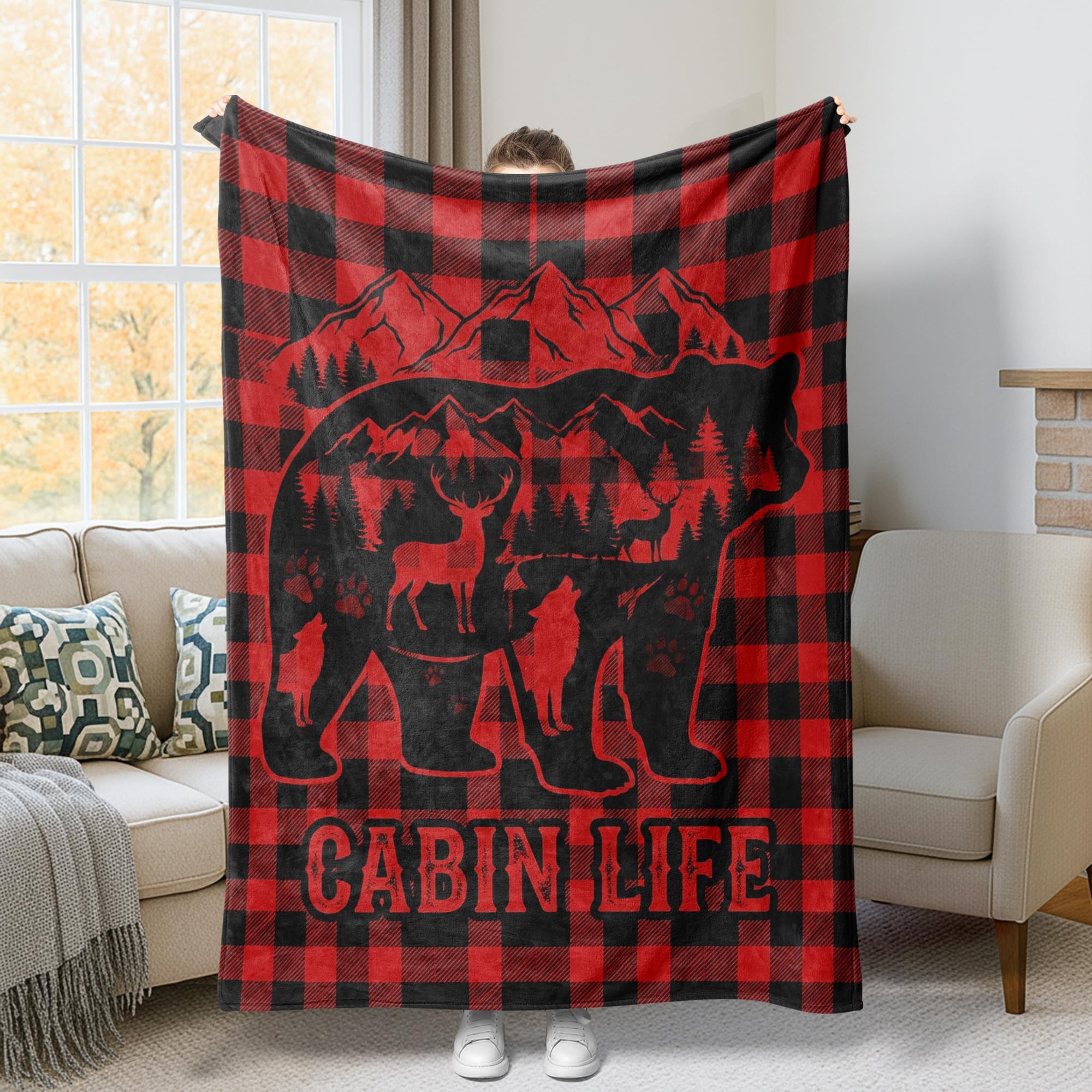 Couverture en peluche ours et cerf 152x203 cm rouge automne pour lit
