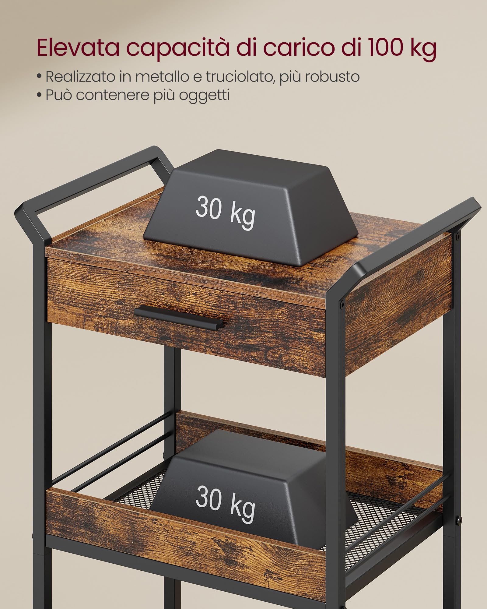 VASAGLE Carrello Portaoggetti a 3 Livelli con Ruote, Cassetto | Carrello di Servizio, Acciaio, Truciolato, con Freno, per Cucina, Bagno, Marrone Vintage e Nero, Collezione DACEY LRC048K01