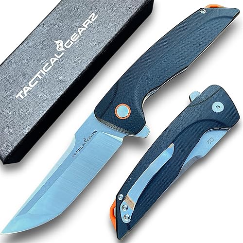 TACTICAL GEARZ Cuchillo de bolsillo G10! Mango TG Orion, G10! Hoja de acero D2 afilada de afeitar! Sistema de pivote de rodamiento de bolas! Incluye
