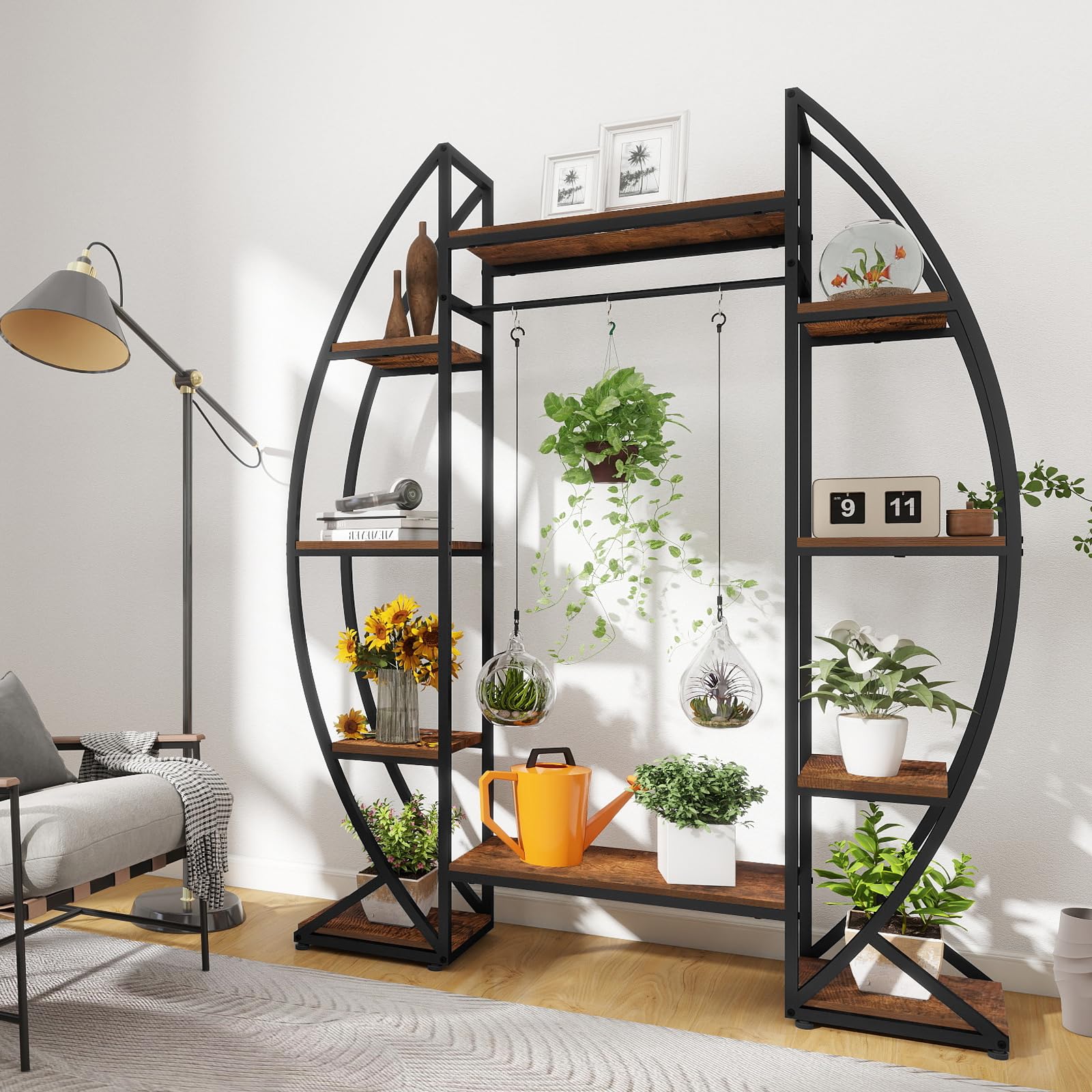 Trironsun Pflanzenständer mit Wachstumslampe 160cm Pflanzenregal aus Holz & Metall, 6 Ebenen Blumentreppe für Innen & Außen, Eckregal für Wohnzimmer, Balkon & Garten