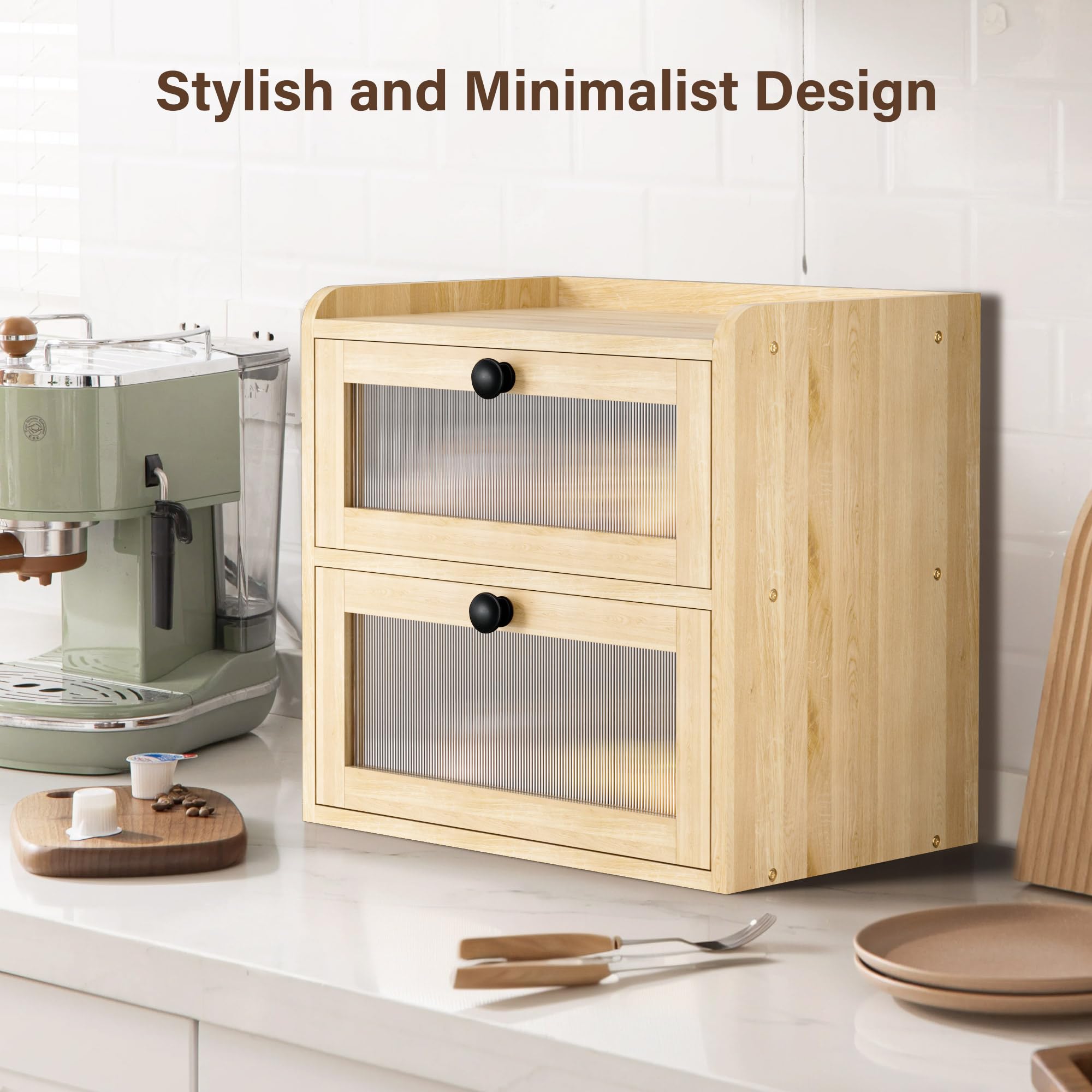 Panera de Madera, Caja Contenedor para Guardar el Pan de Doble Capa con Puerta de Acrílico, Organizador de Encimera para Cocina, Almacenamiento para Bocadillos y Frutas, 36.5x24x34 cm