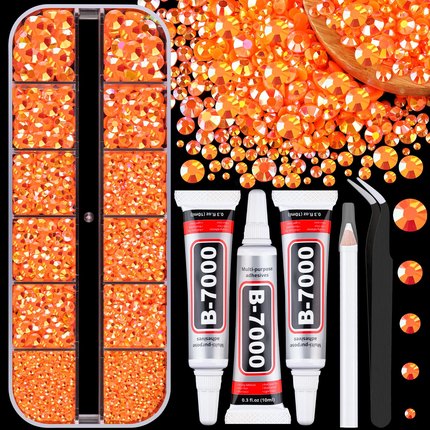 TINKRSTUFF Resin Jelly Rhinestones with B7000 Glue, Orange AB Flatback Crystal Gems (1 Small Pack + Glue) - main product image