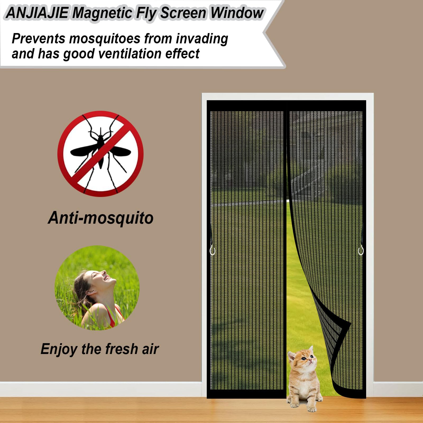 Fliegengitter Terrassentür Ohne Bohren 145 x 218 cm Stärkere Magnete Fliegengitter Tür Ohne Bohren Klettband Fenster für Schlafzimmer Kellertür Terrassentür, Schwarz