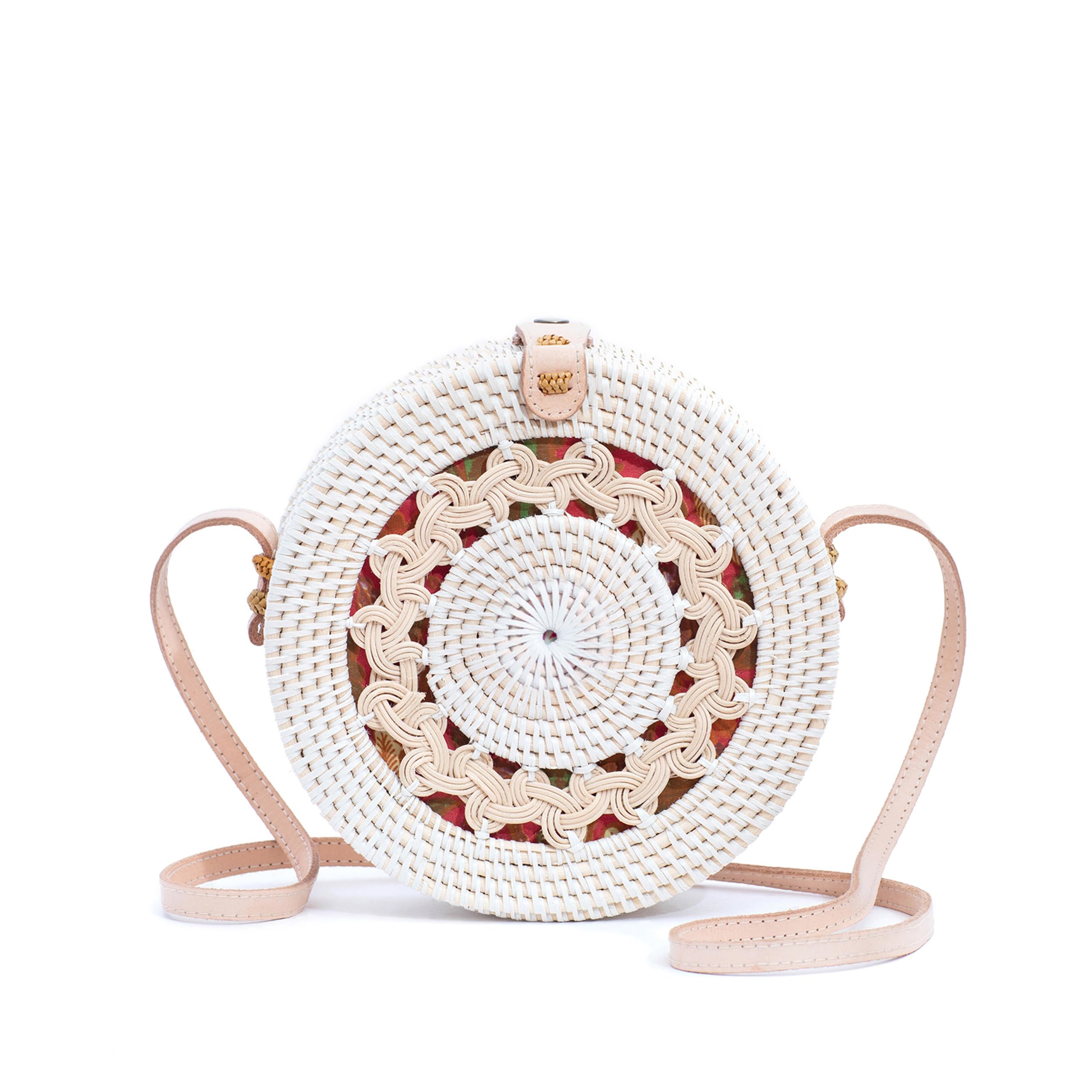 Novum Crafts Round Rattan Bag for Women - Handmade Straw Bags - Wicker Purse - Brown White Circle Crossbody Boho Bags