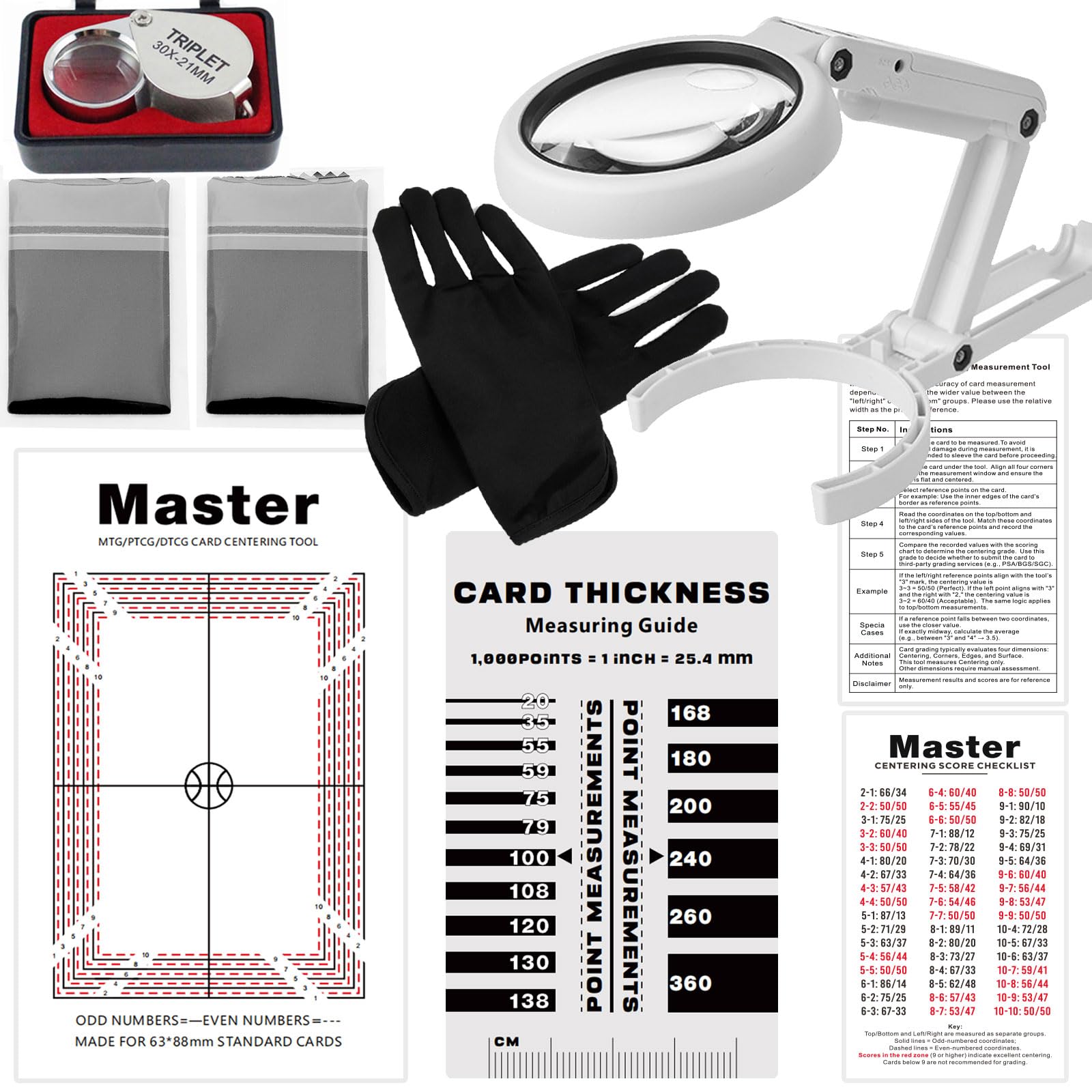 2025 Sports Cards Grading Kit - PSA/BGS Centering Tool with LED Magnifier,  Thickness Gauge, 30x Loupe, Latex Gloves & Microfiber Cloths for Card  Collectors