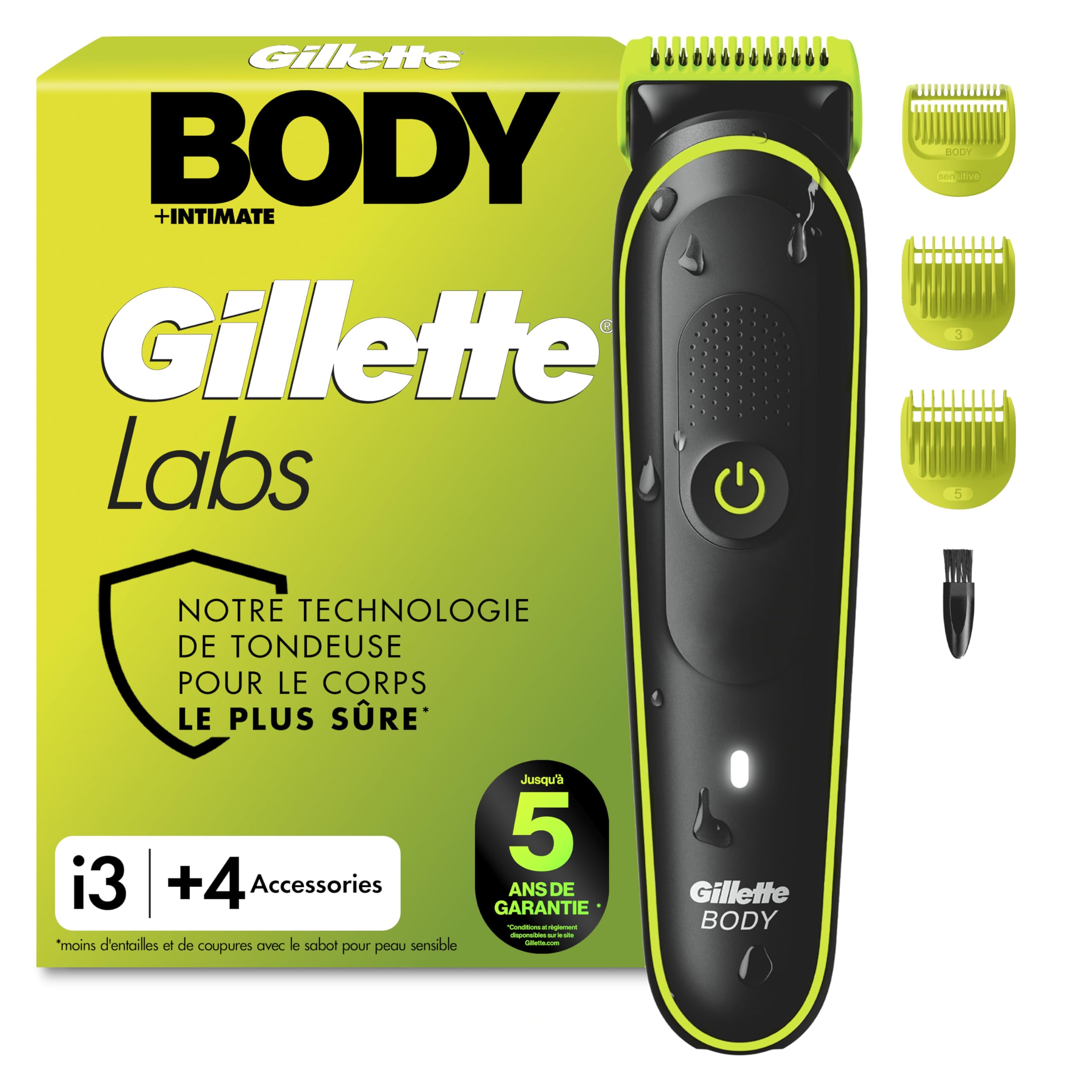 Gillette Labs Body + Intimate Tondeuse Homme i3, Tondeuse Corps et Zone Intime, Étanche, Dotée de la Technologie SkinFirst, Coffret Homme avec 2 Sabots, Batterie Rechargeable Incluse