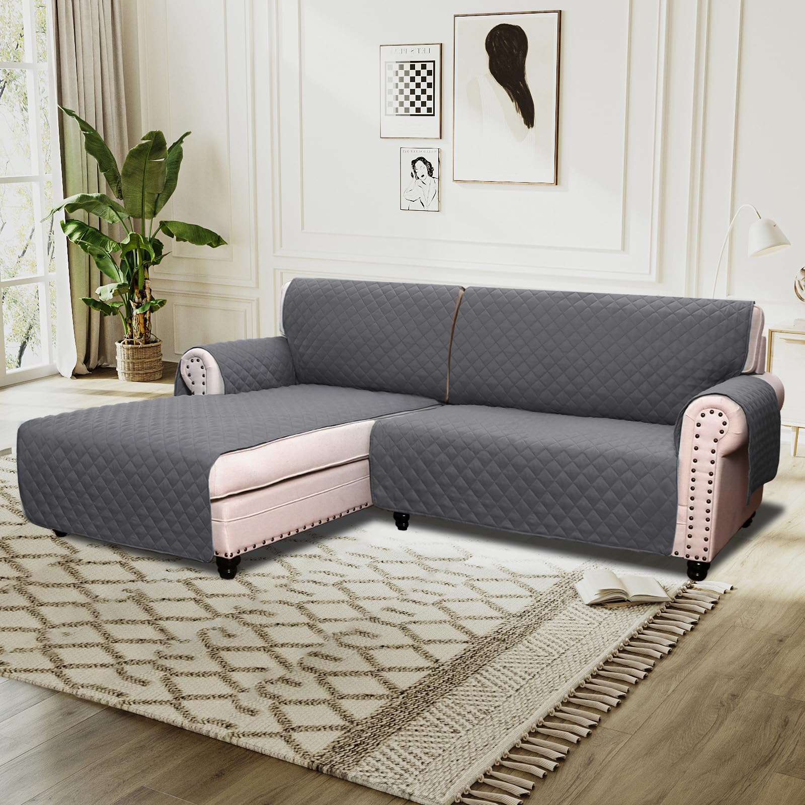 BellaHills Sofa Cover L Shape 2 Piece Couch Cover for Sectional Sofa Non Slip Corner Sofa Cover Water Resistant Chaise Sofa Cover for Dogs (Left Chaise Lounge + 2 Seater, Grey) โ image 1