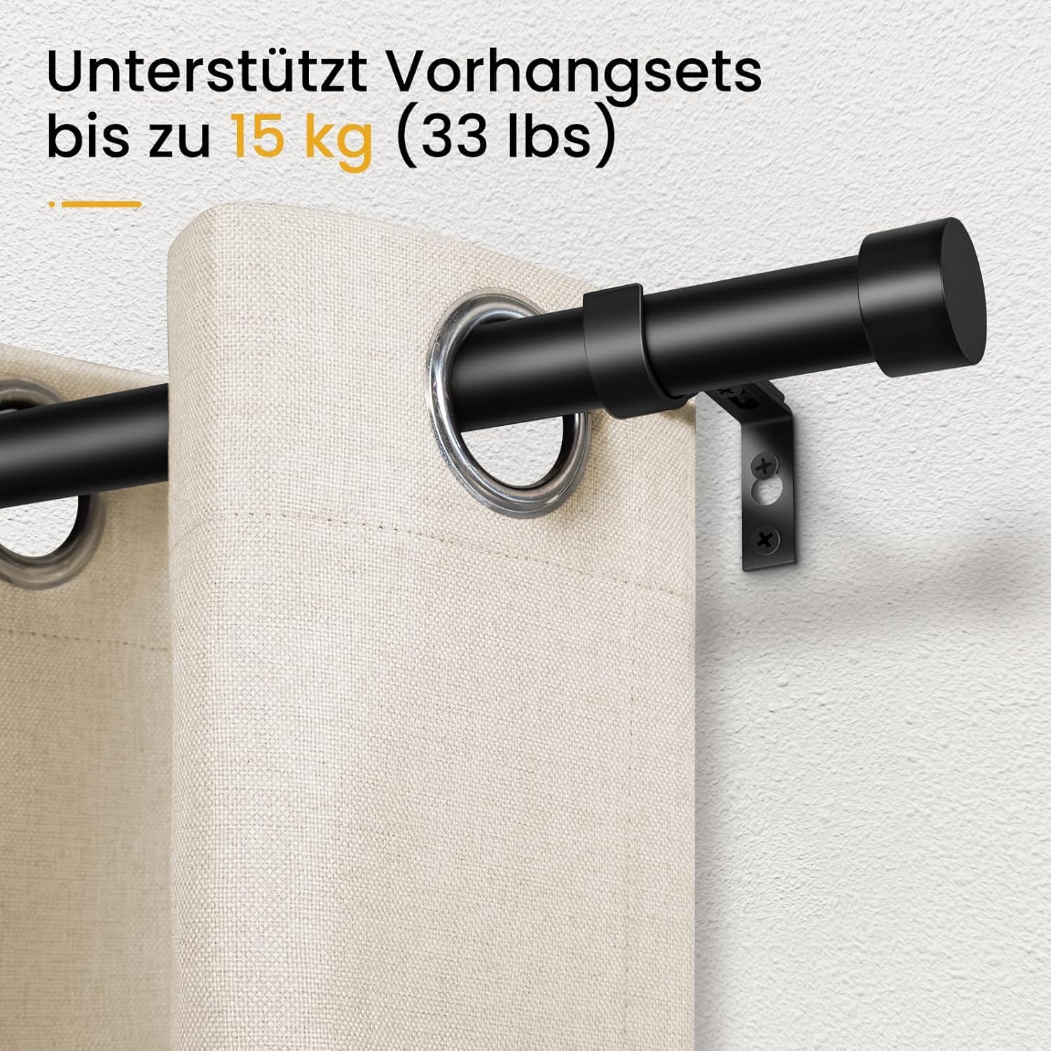 Gardinenstange Schwarz, 80-367cm Vorhangstange Ø25 mm | Belastbar bis 5 kg. Inkl. Halterung für Wand- & Deckenmontage. Ideal für Wohnzimmer, Schlafzimmer, Küche & Balkon