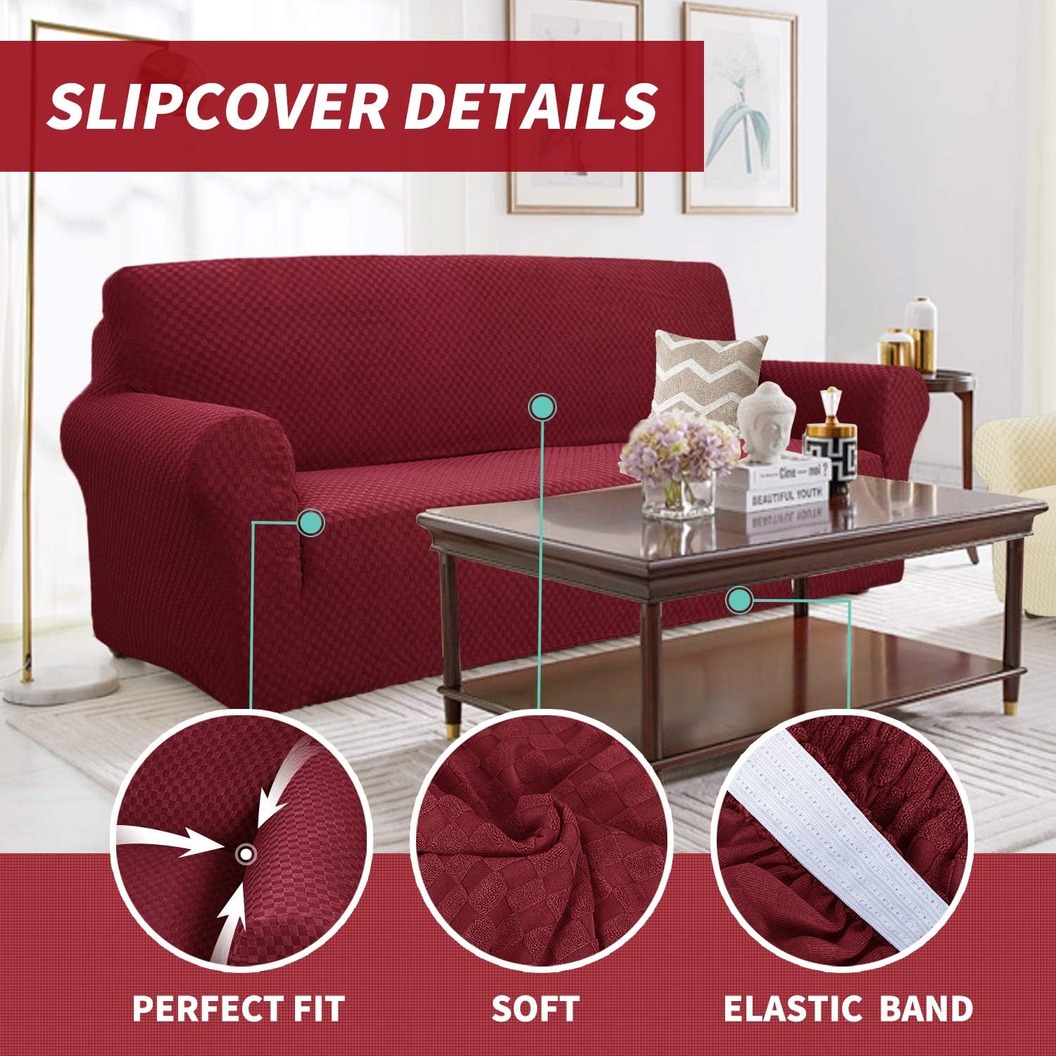 Small Ottoman Cover + Extra Large Sofa Slipcover (Wine Red)