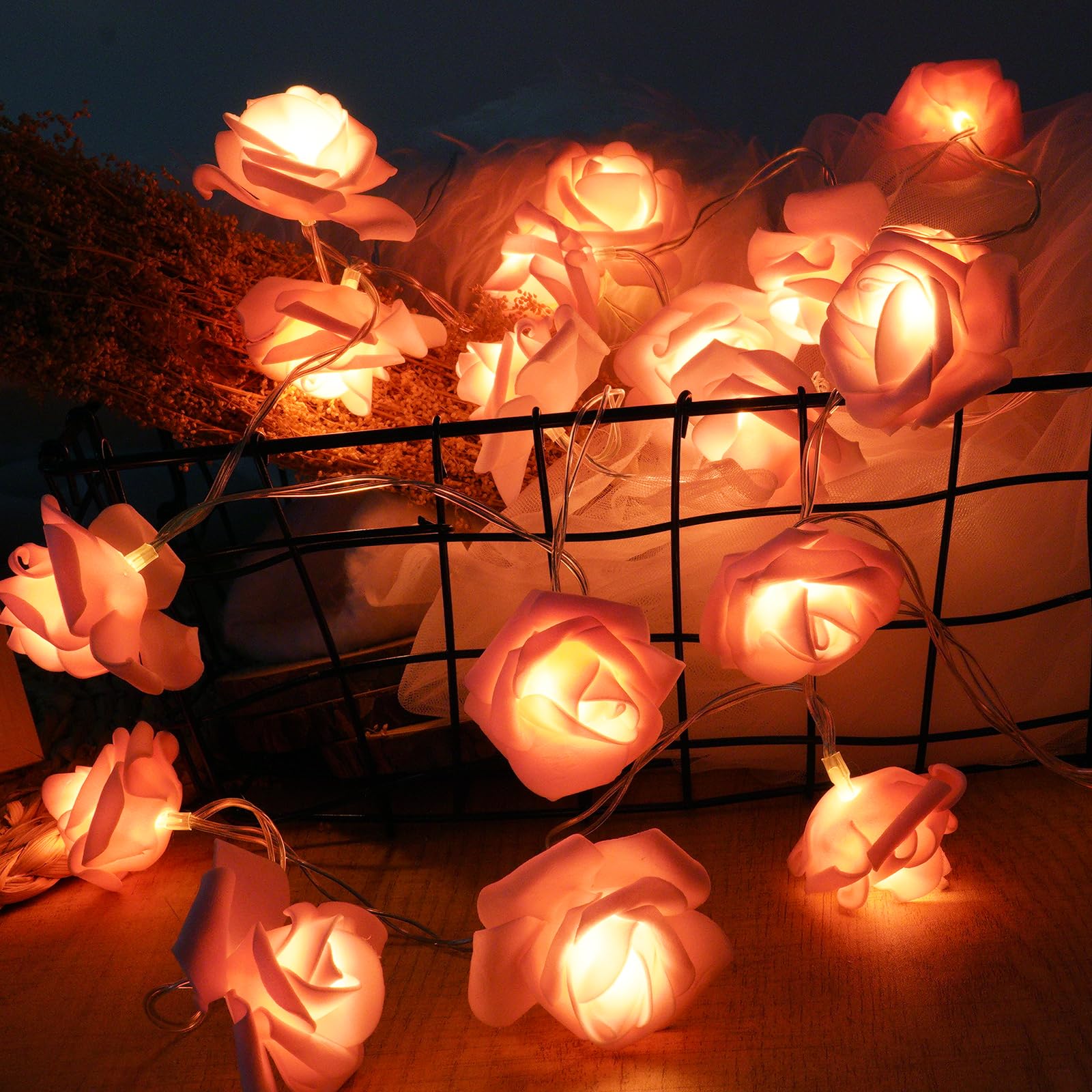 OSDUE Guirnalda de luces LED de Rosas 3m 20 LED Mini Luces de Hadas Impermeable Guirnalda de Flores con Batería 2 Modo de Iluminación Luces Navidad Light de Hadas para Fiesta Habitación Jardín(Blanco)