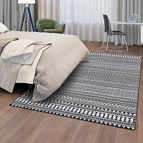 Miniatura 4 de COZYLOOM Alfombra marroquí de 4 x 6 pies, estilo bohemio, geométrica, de felpilla suave, lavable a máquina, alfombra vintage para suelo para sala de