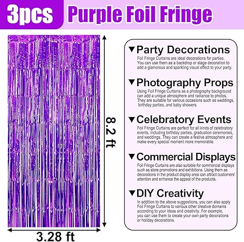 Miniatura 2 de Paquete de 3 cortinas de flecos de papel de aluminio morado, 3.28 pies x 8.2 pies, cortinas metálicas de oropel con flecos para cabina de fotos,