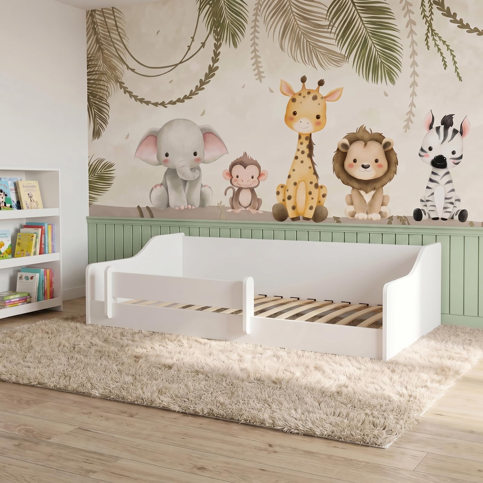 KOBI Montessori Bett mit Boden, 160 x 80 cm, Weiß, ohne Matratze, sicheres Bett mit Schutzbarriere, elegant und bequem für das Kinderzimmer
