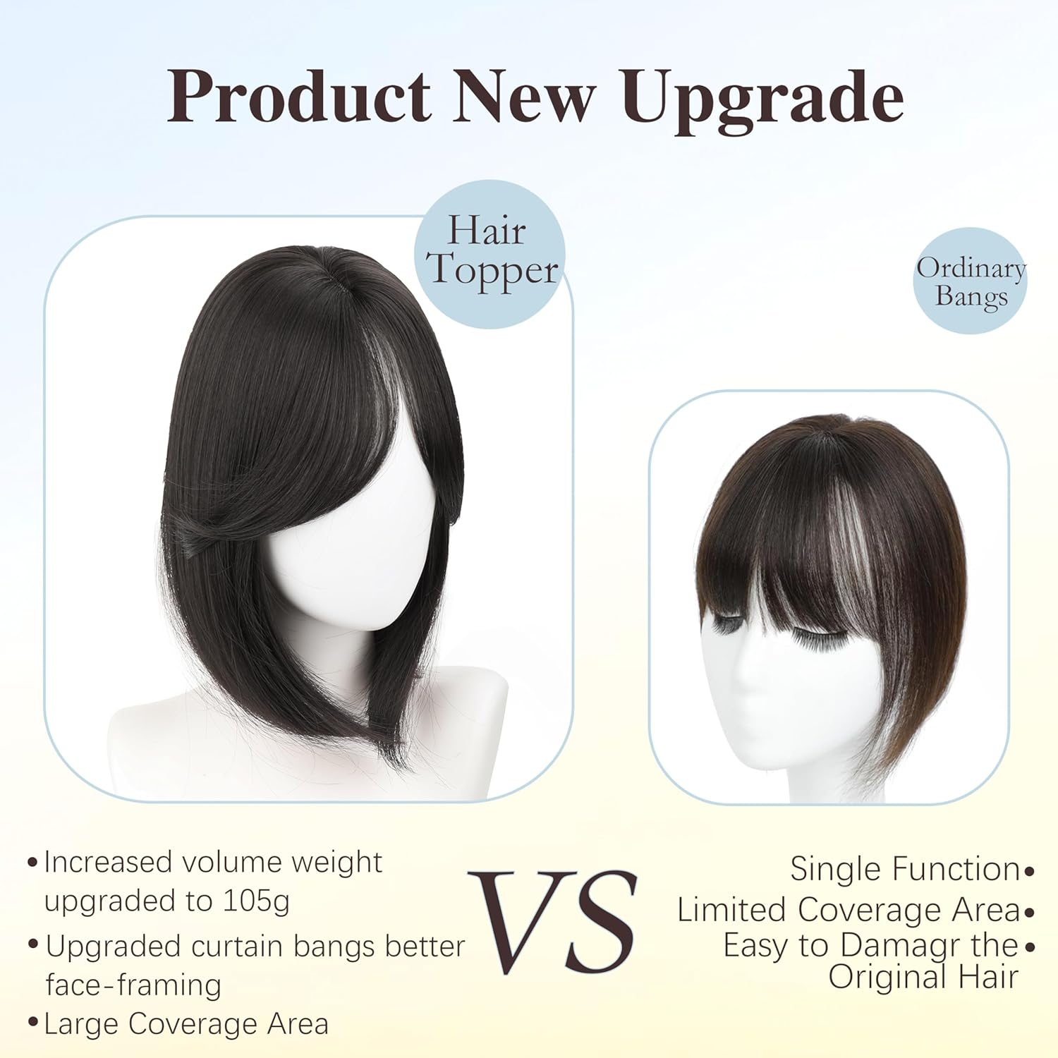 Synthetic Hair Topper with Bangs 14 Inch Hair Toppers for Women 5.5" x 5" hand Tied Forehead Hairline 360° 3D Cover Wispy Synthetic hair toppers for thinning hair in Blunt Wispy Bangs