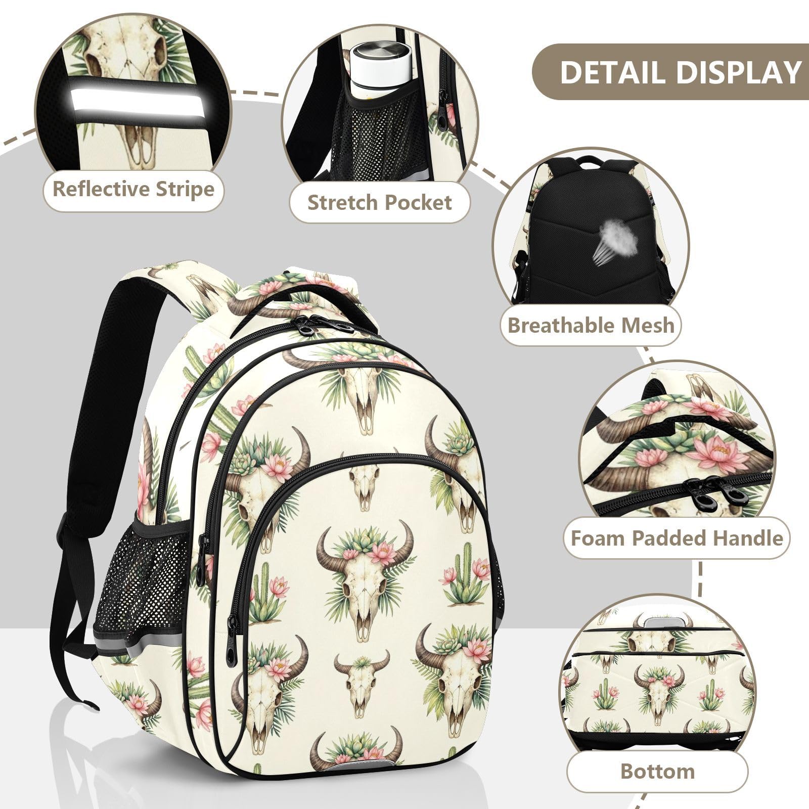 KLL Plecak outdoorowy dla nastolatek torba do szkoły dzieci plecaki podróżne boho byk czaszka kaktus wzór