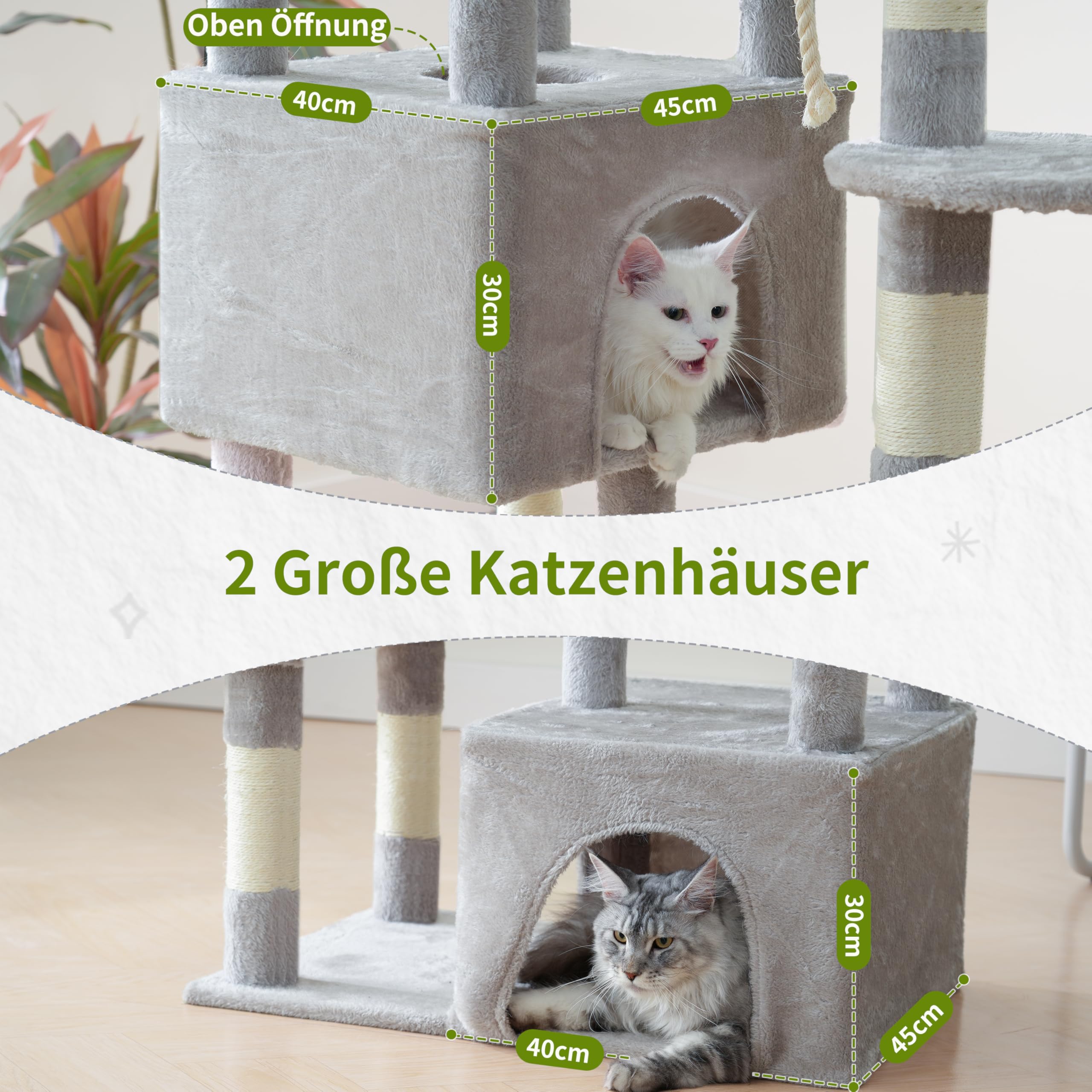 Gitelsnour Kratzbaum groß, Katzenbaum für große ausgewachsene Katzen, 174cm Katzenkratzbaum mit Hängematte, 2 große Sitzstangen, 2 Katzenhöhlen,15 Kratzstangen, Hellgrau GCT033W