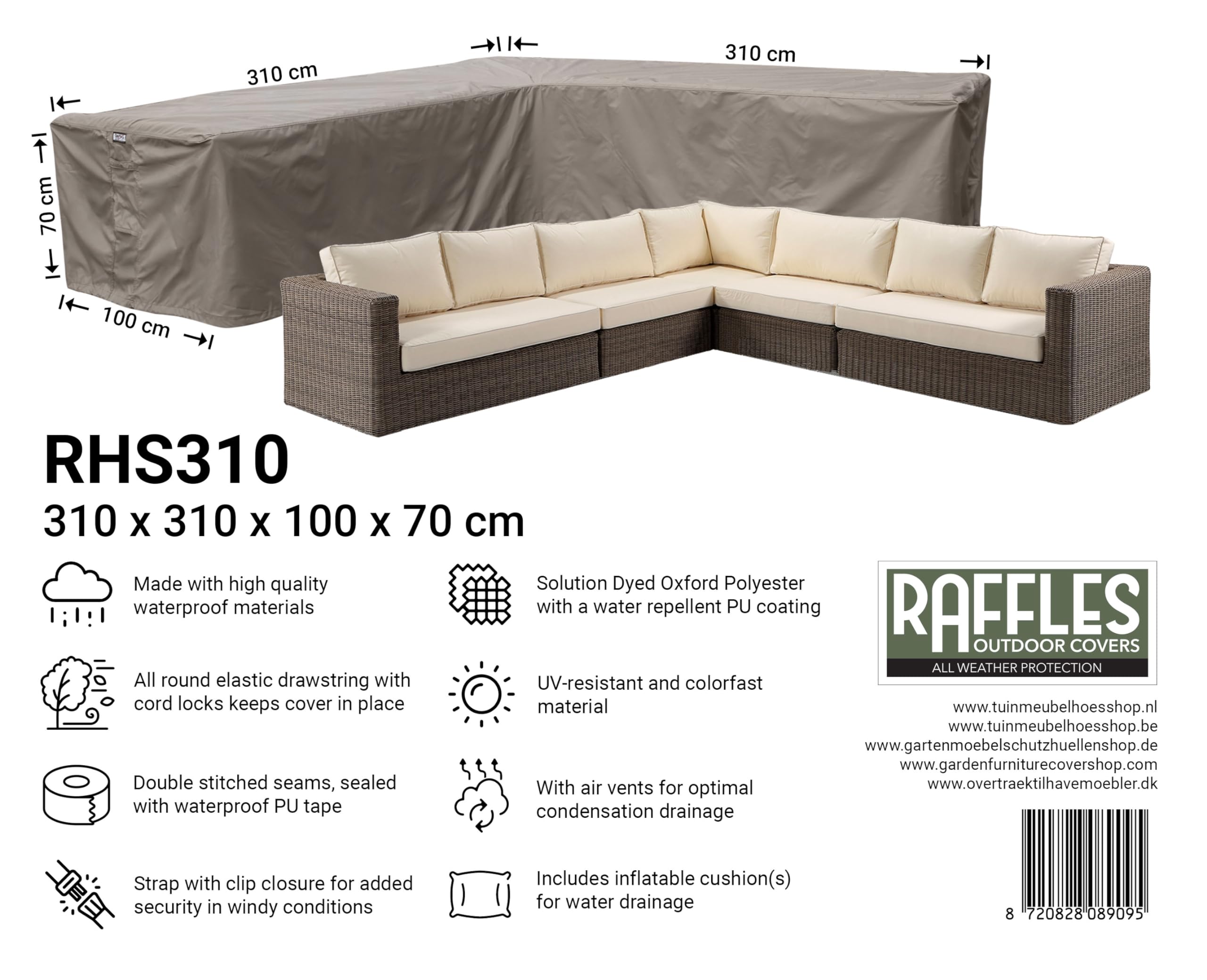 Abdeckhaube für L-Förmiges Sofa 310 x 310 x 100 H: 70 cm | Atmungsaktiv | Wasserdicht | UV - beständig | Doppelt genähte, PU-versiegelte Naht | Elastischer Kordelzug |