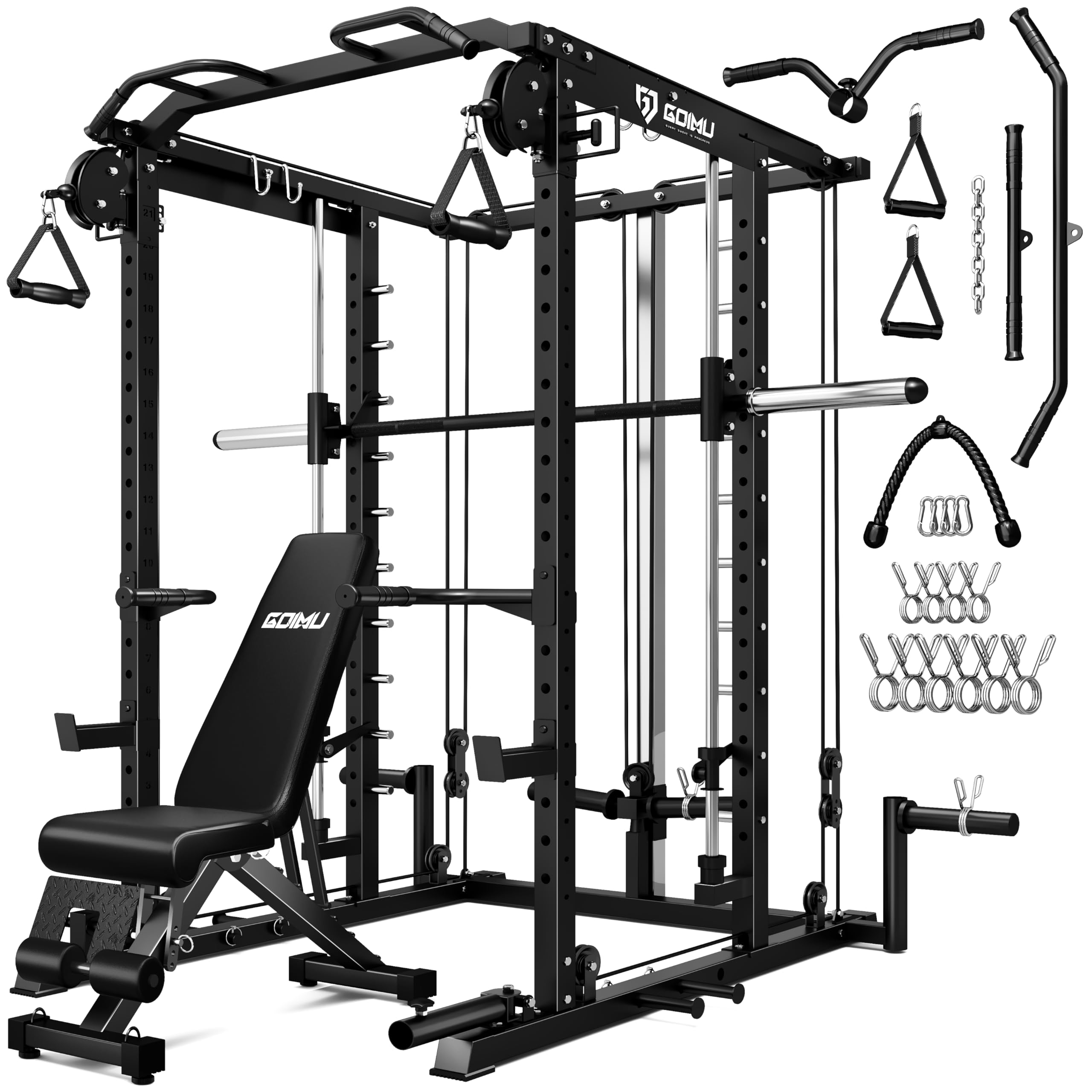 S1-V4 Smith Machine, 2000LBS Power Cage with Cable Crossover System, All-in-One Squat Rack with Smith Bar, Strength Training Equipment for Home Gym