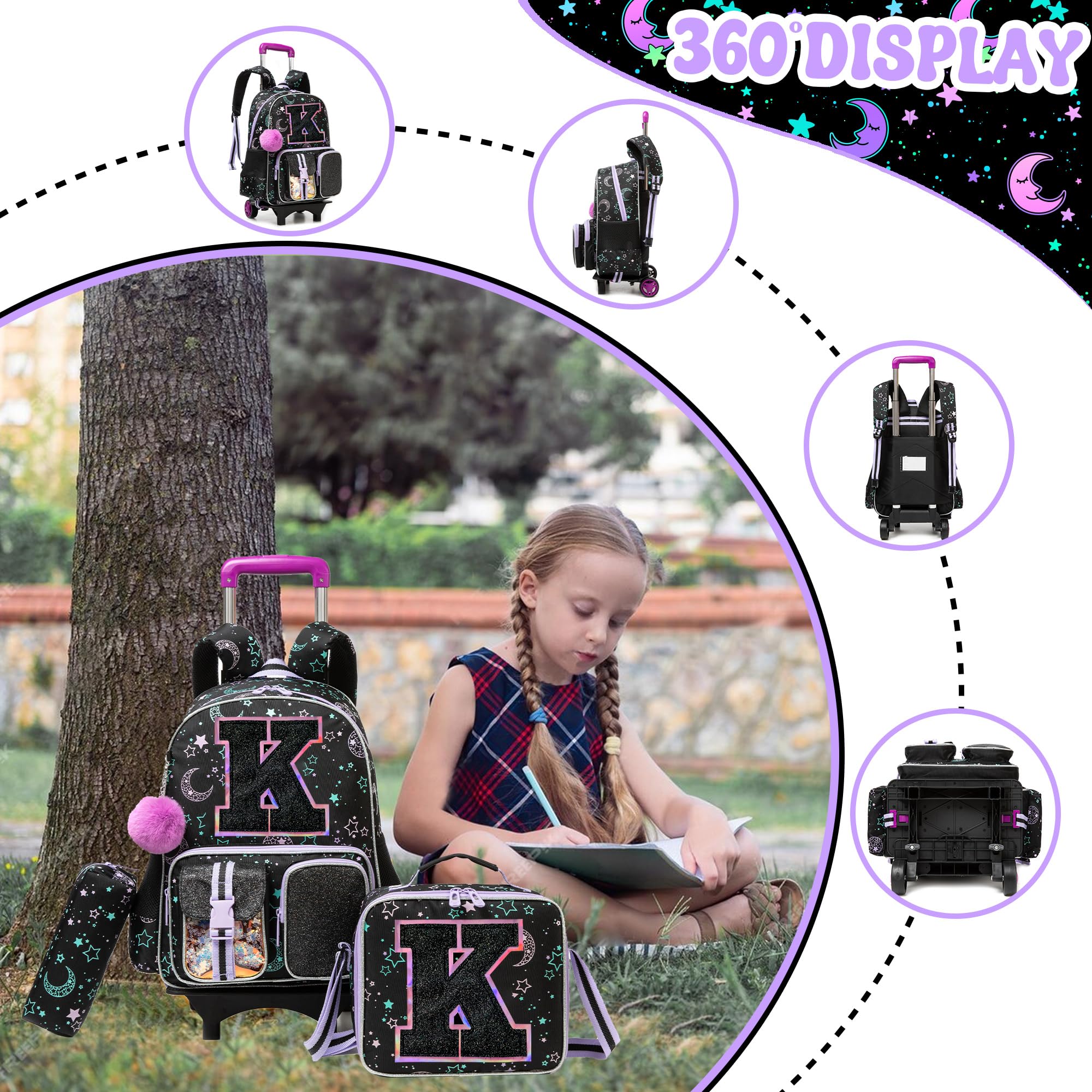 HTgroce Zaino Trolley con Scuola Elementare Bambina Zainetto Con Trolley Con Borsa Per La Merenda E Astuccio