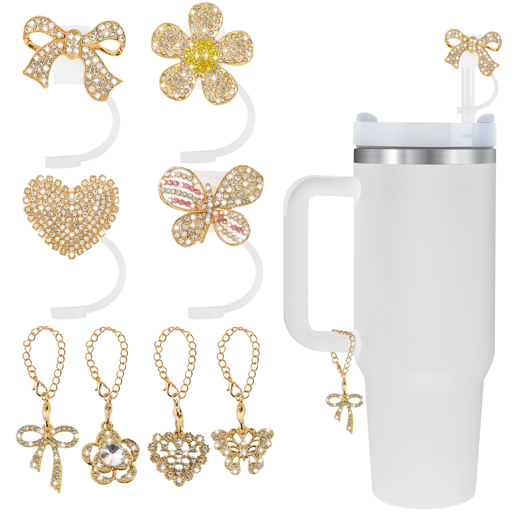 Odiwellan Bling Straw Cover Cap for Stanley Cup 30&40 Oz - 4PCS 10mm Silicone Straw Topper Lids Protectors and Matching Chain Charms Tumblers Accessories (Flowers and butterflies)