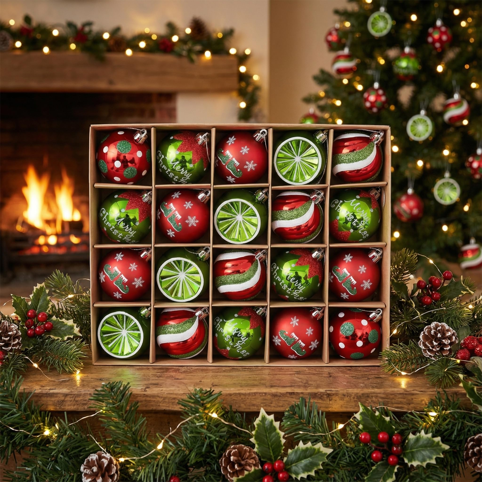 Victor's Workshop 20Pcs Bolas de Navidad 6cm, Adornos de Navidad para Arbol Tema Elfo Setl, Decoración de Bolas Navideños Plástico de Rojo Blanco Verde, Regalos de Colgantes de Navidad (Deleitoso)