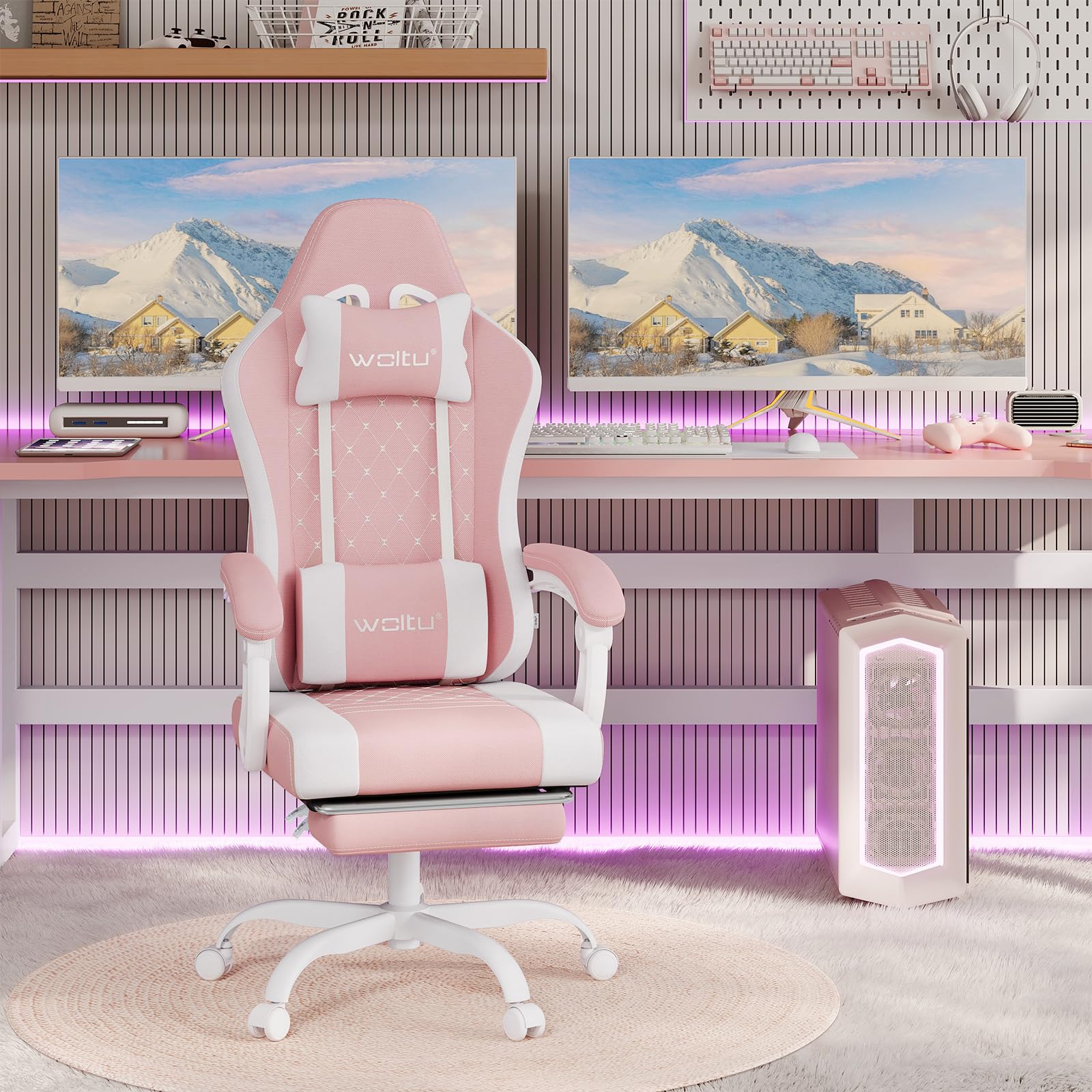 WOLTU Silla Gaming Ergonómica, Silla Oficina con Soporte Lumbar Masaje y Reposapiés Extraible, Silla Giratoria con Gran Asiento de Muelle, Capacidad de 150 kg, Tela de Malla Rosa+Blanco,GS15rsw