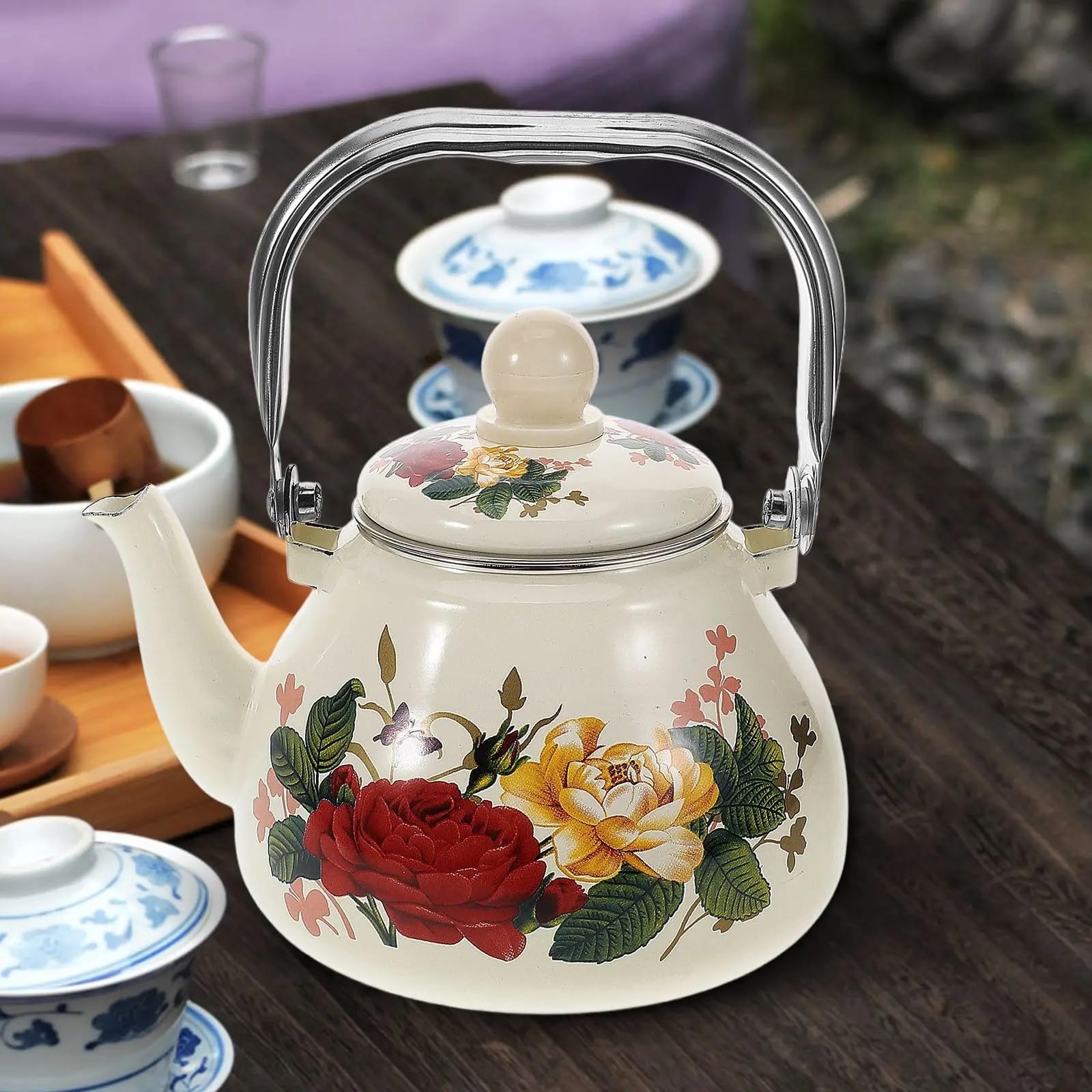 Small Enamel Camping Tea Kettle, Lightweight Vintage Design for Boiling Water Outdoors