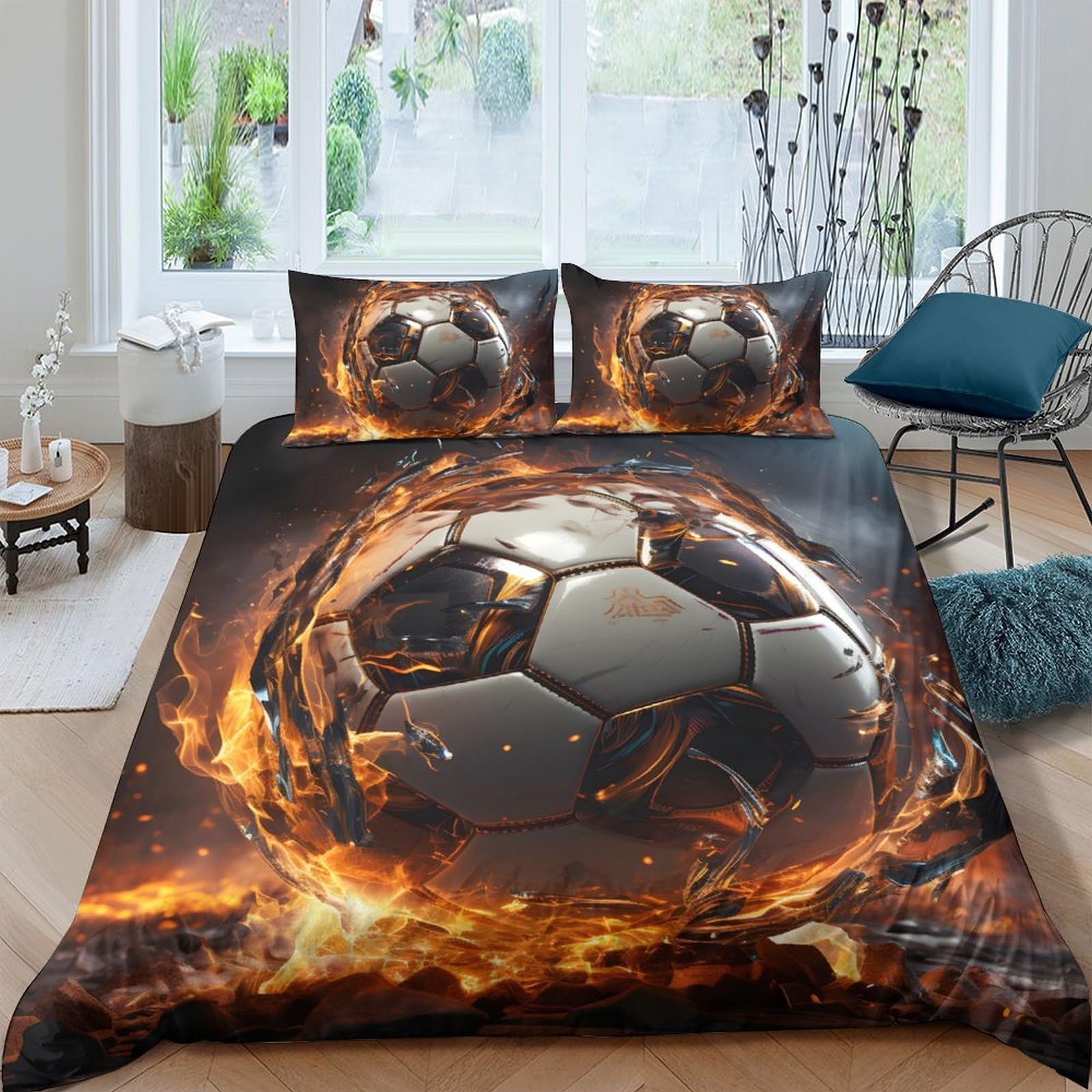 GPLZQXKJNH 3D Printed Fire Soccer Duvet Cover Microfiber Soft Breathable Flame Football Bedding Set with 2 Pillowcases for Bedroom Decor Single（135x200cm）