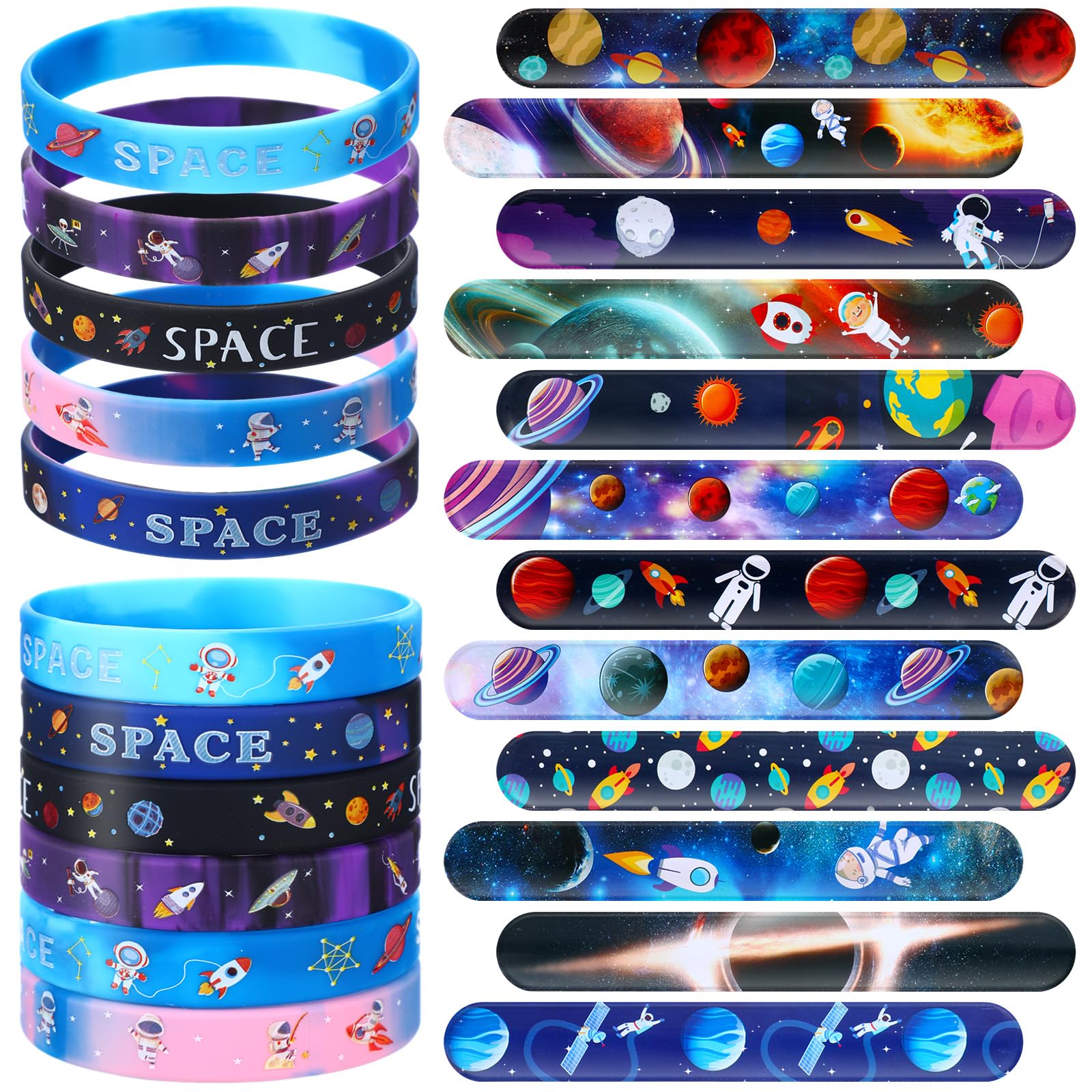 Realspring 48 Pcs Outer Space Party Favors 24 Space Slap Bracelets 24 Silicone Wristbands Galaxy Astronaut Bracelets Bulk for Kids Classroom Rewards
