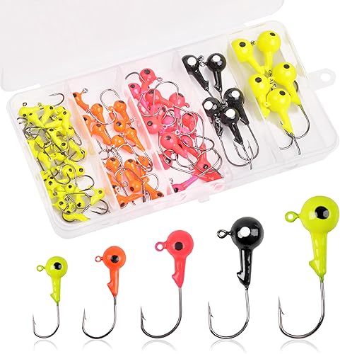 Kit de ganchos para cabeza de plantilla de pesca, 65 piezas de señuelos de pesca de crappie Bass Walleye jig Heads para pesca redonda pintada