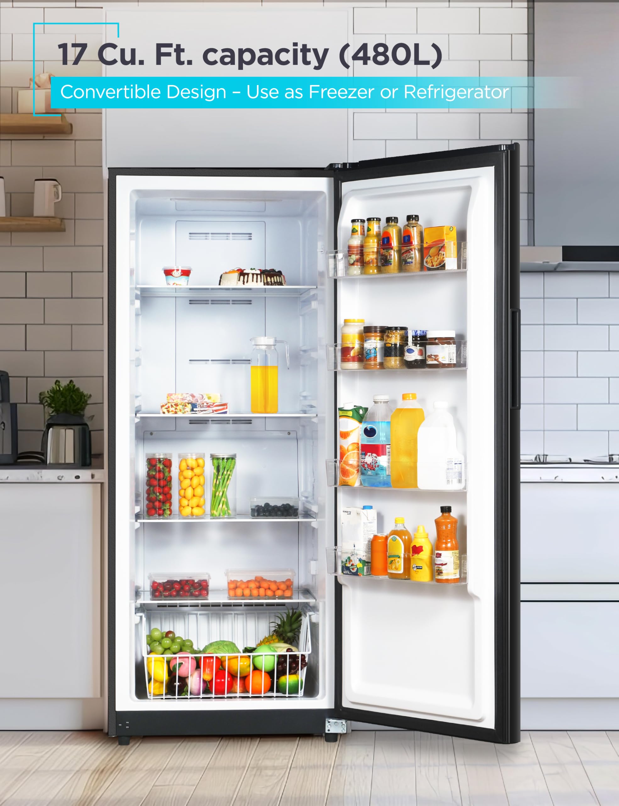 Black+Decker 17 Cu. Ft. Convertible Freezer Refrigerator, Upright Freezer With Glass Shelves, Energy Star Rated, Frost Free, Buc1700xb, Black on Fridge.com - View 2