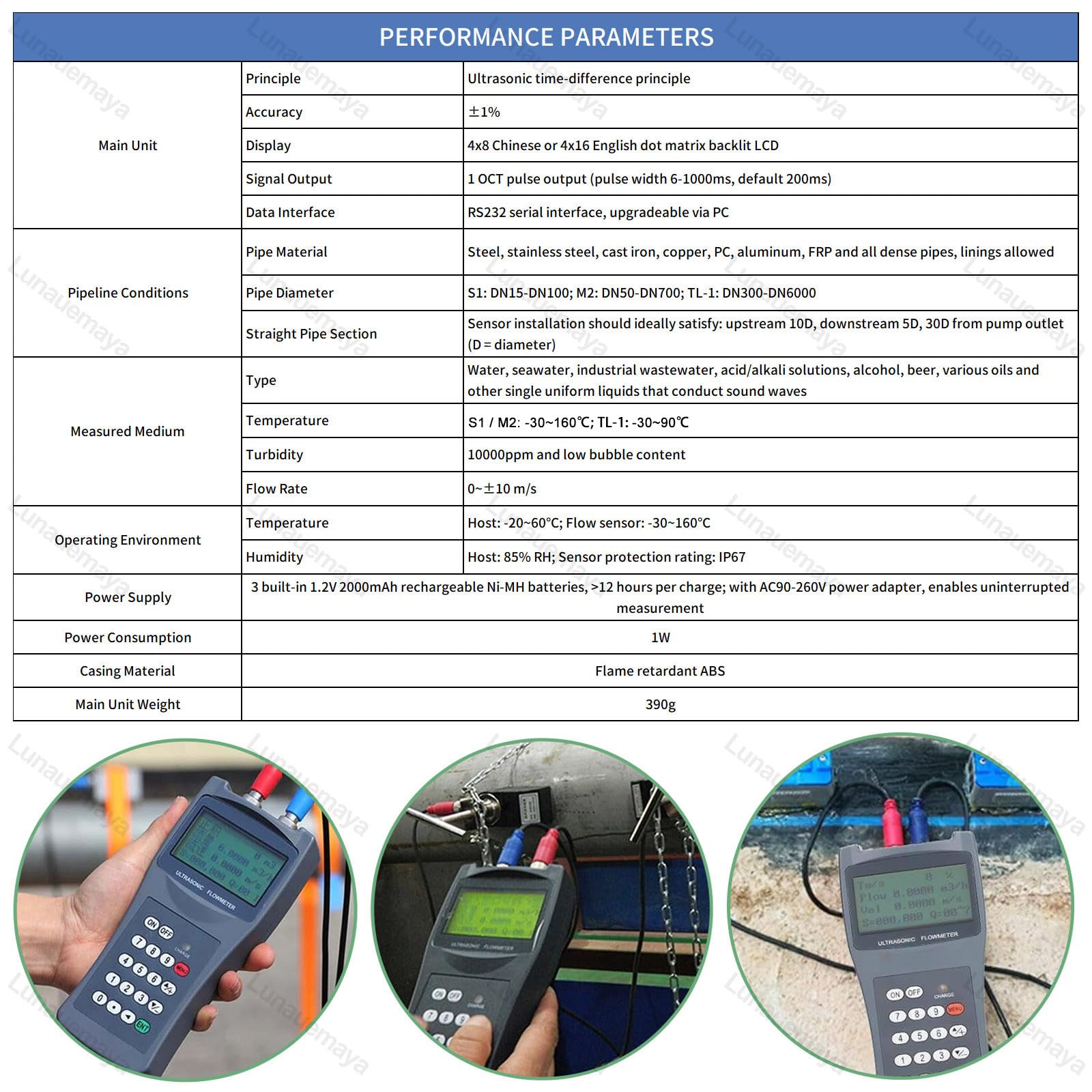 Caudalímetro Ultrasónico Portátil Multifuncional con Almacenamiento de Datos, Monitorización en Tiempo Real, Amplia Compatibilidad con Tuberías para Proyectos Industriales y Municipales S1/M2/TL1