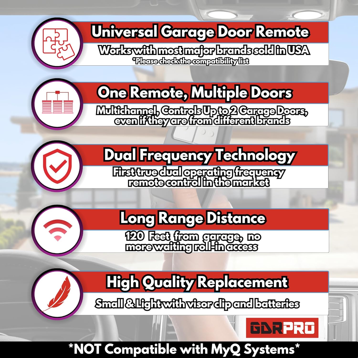 GDR PRO Universal Garage Door Remote highlighting features like universal compatibility, multi-door control, dual frequency, and long range