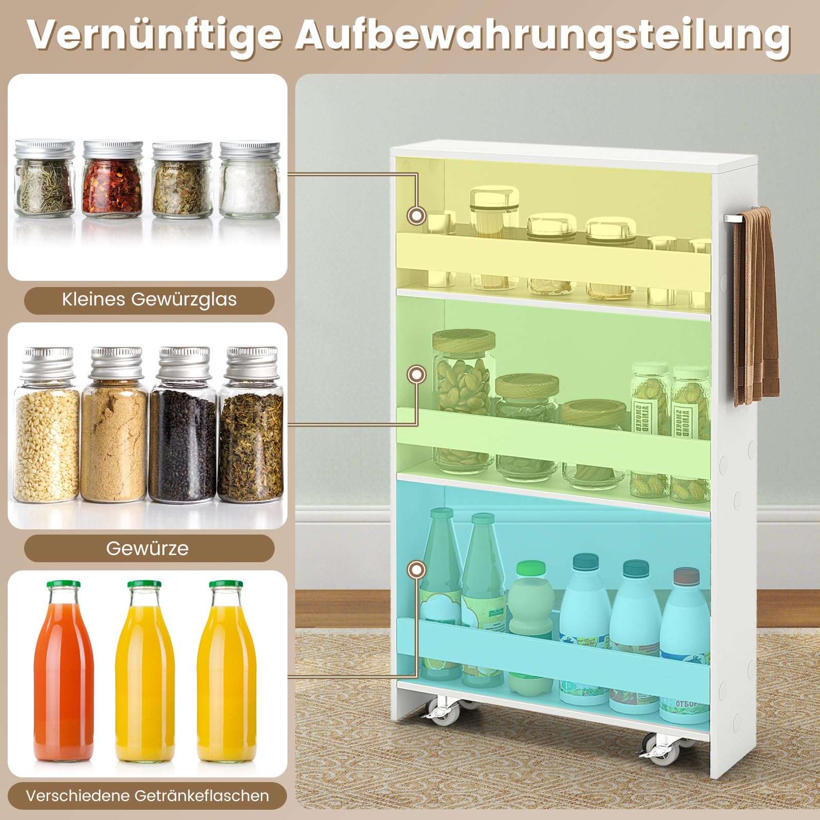 COSTWAY Nischenwagen 13cm breit, Nischenregal Badregal 4 Etagen, Nischenschrank auf Rollen, Servierwagen schmal, Küchenwagen mit Griff, Rollwagen Bad, Holz, 47,5x13x80,5cm (Reines Weiß)