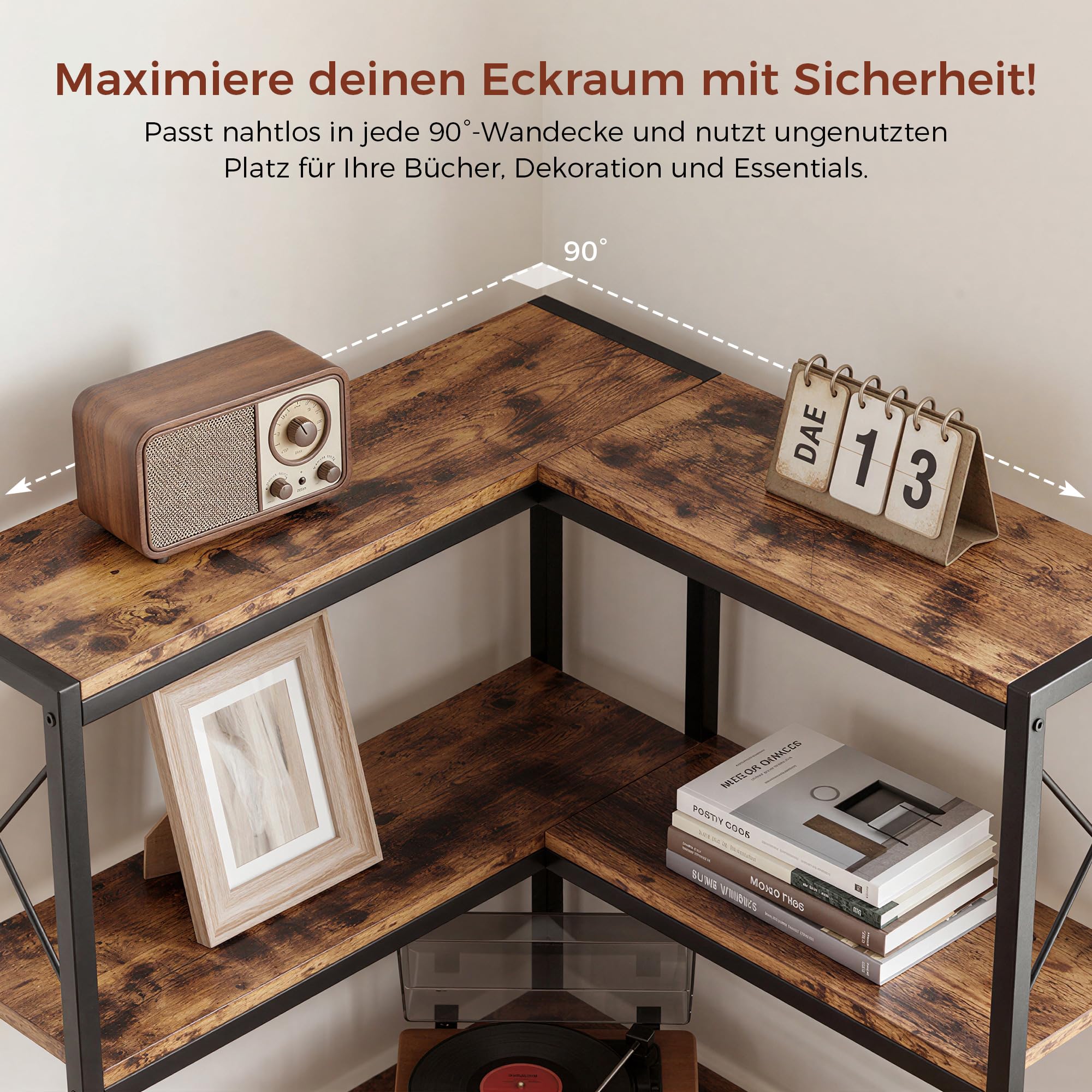 IRONCK Bücherregal, 6-stöckiges L-förmiges Eckbuchregal mit verstellbaren Füßen, Industrielles Eckregal für Wohnzimmer, Schlafzimmer, Home Office, Rustik Braun, 80×80×167cm