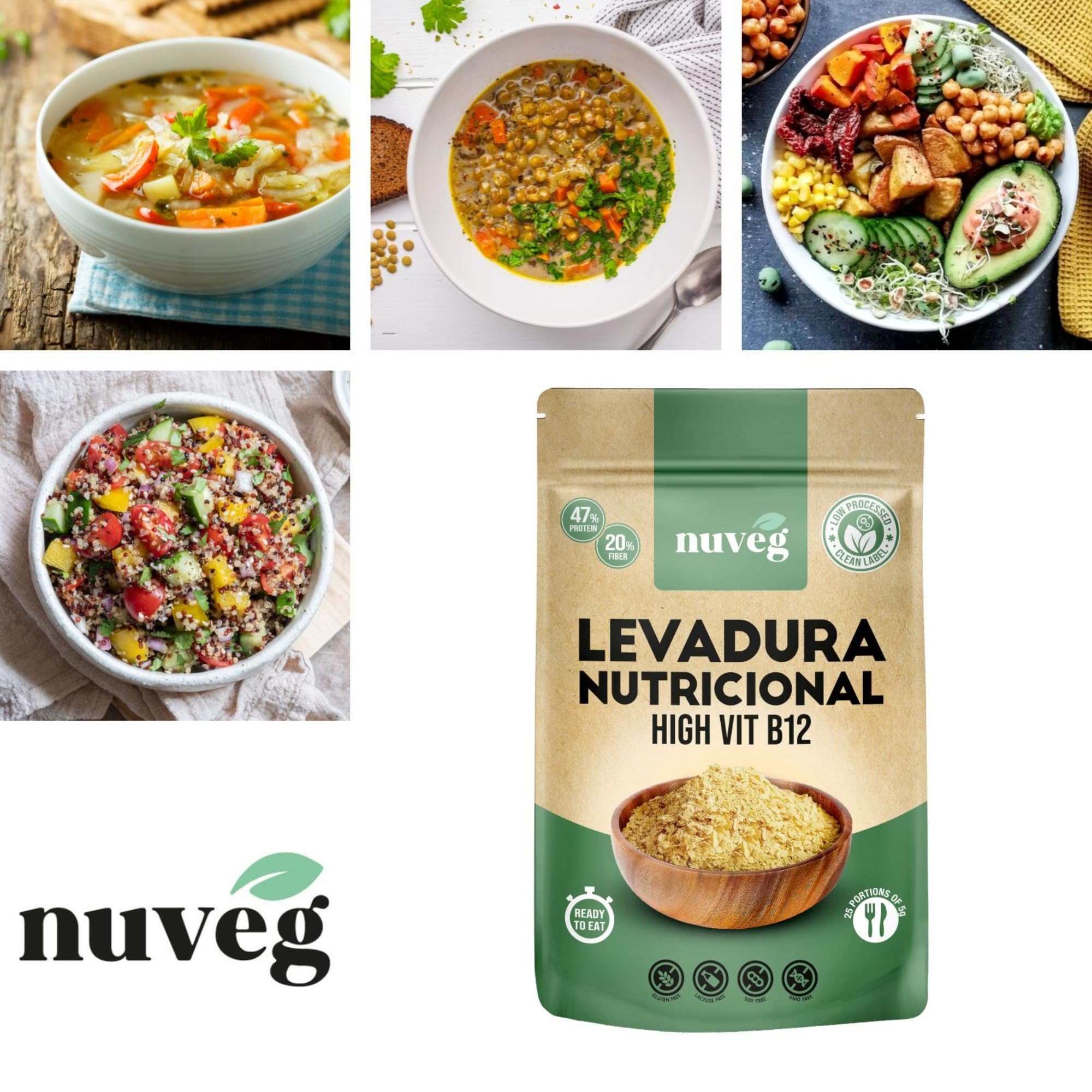 NUVEG Levadura Nutricional B12, Copos 250g Pack 2, Sin Gluten, Alto en Fibra y Proteínas 47%