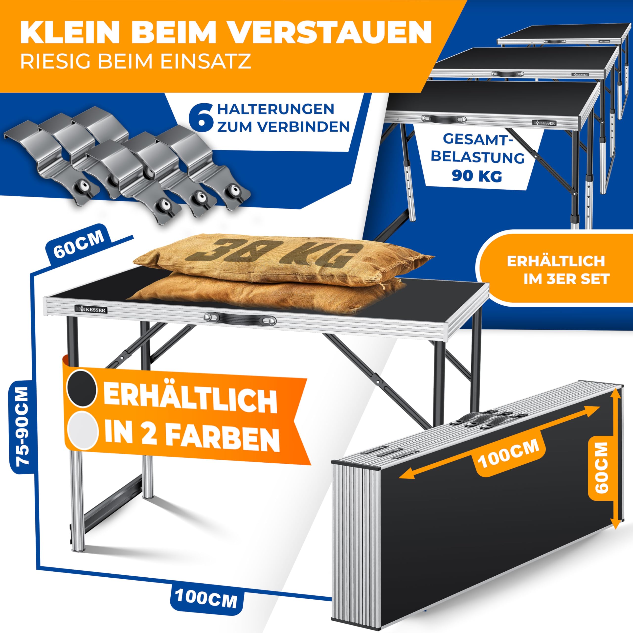 KESSER® Multifunktionstisch Profi 3- teilig, 100 x 60 cm, Tapeziertisch 90kg Gesamtbelastung, mit Ausziehfunktion Klapptisch Flohmarktisch Beistelltisch Mehrzwecktisch Campingtisch höhenverstellbar