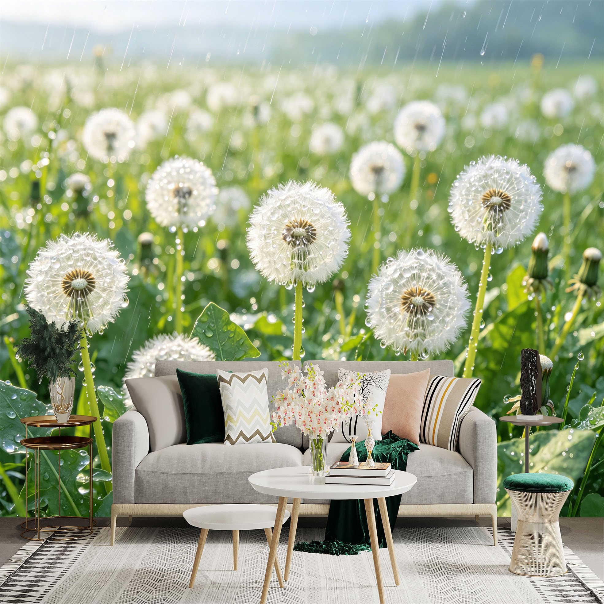 Custom Size Wall Sticker Mural， Fluffy White Dandelion Seeds in Rain， Nature Meadow Scenery， for wall Decoration， peelandstick wall Decals.