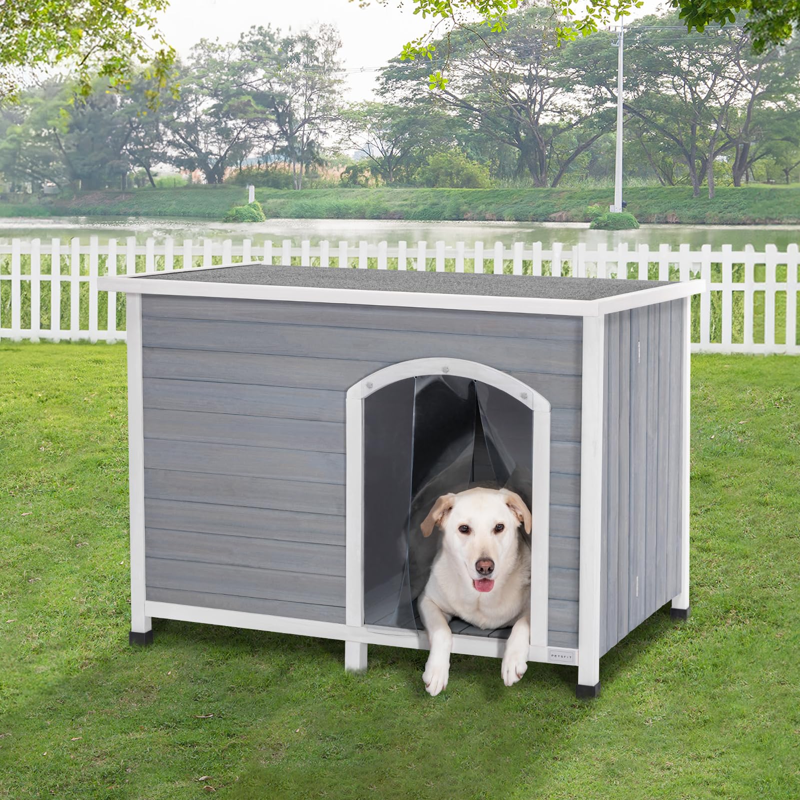 Petsfit Casetas para Perros Grandes Ventilado, Madera Caseta Perros Exterior con Base Elevada Plegable Gris (L)