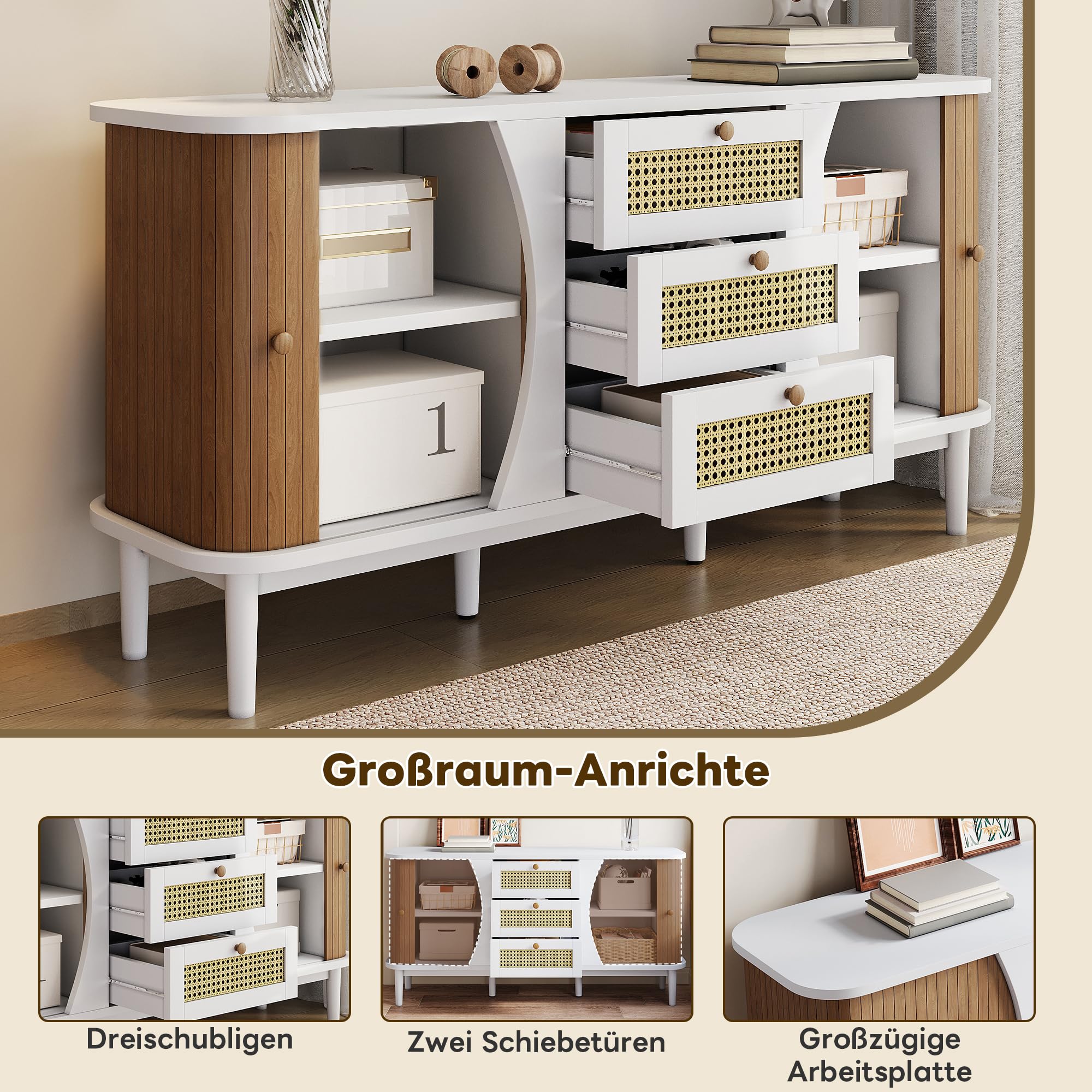 Cassettiera in rattan bianco, stile boho, 140,5 cm, con cassetti in rattan, design arrotondato, per soggiorno, sala da pranzo, corridoio
