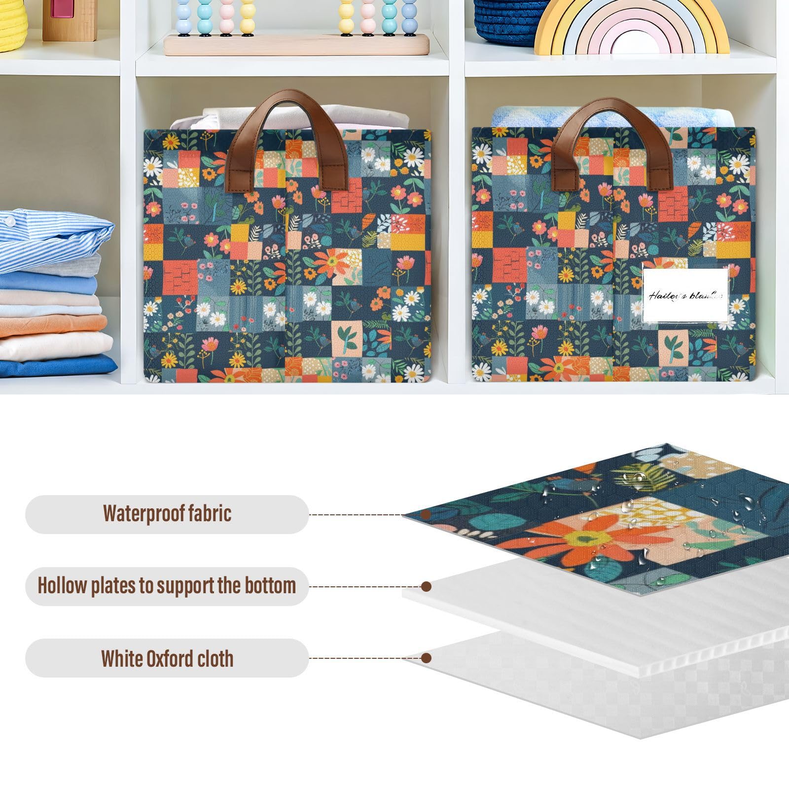 KLL Cestini per mensole a quadri con cuciture floreali con manici pieghevoli cubi di stoccaggio per armadio panno regalo 2 confezioni cestas para organizar ba?o